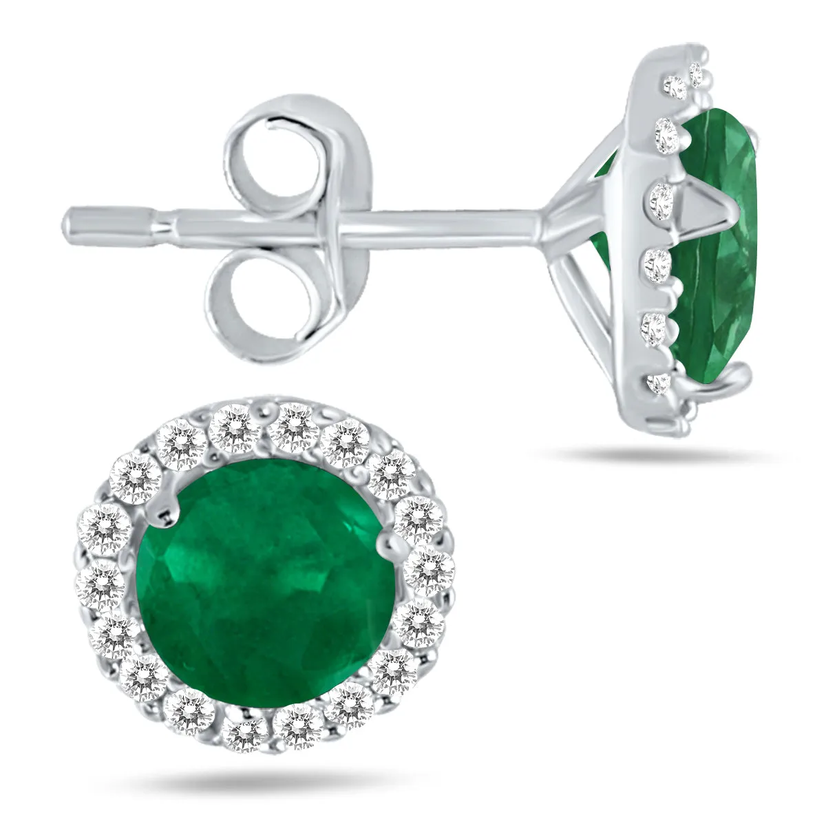 1 Carat Emerald and Diamond Stud Earrings in 14K White Gold