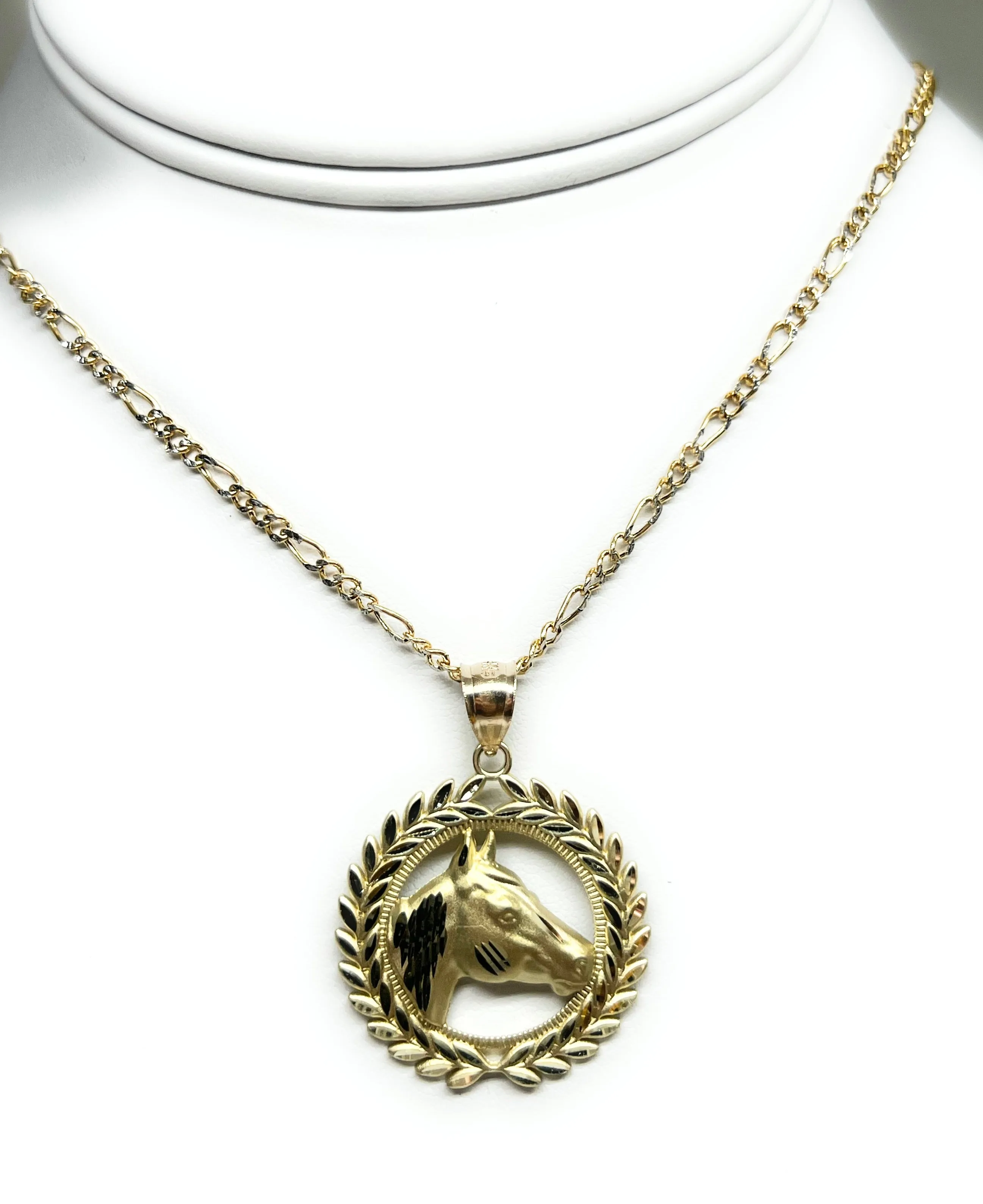 10k Solid Gold Yellow HORSE ROUND CORONET Pendant Necklace