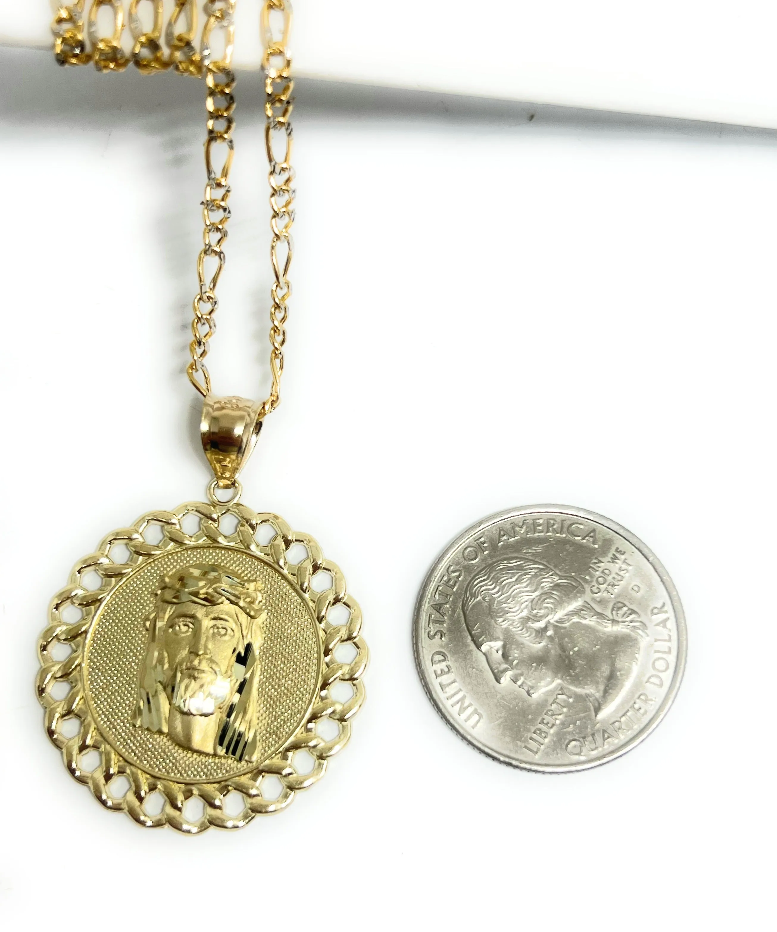 10k Solid Gold YELLOW Jesus Face Round Pendant Necklace