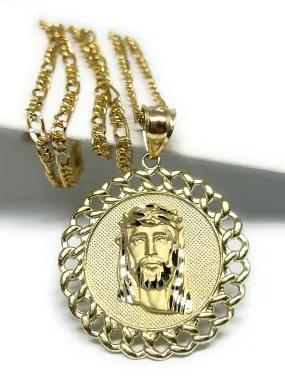 10k Solid Gold YELLOW Jesus Face Round Pendant Necklace