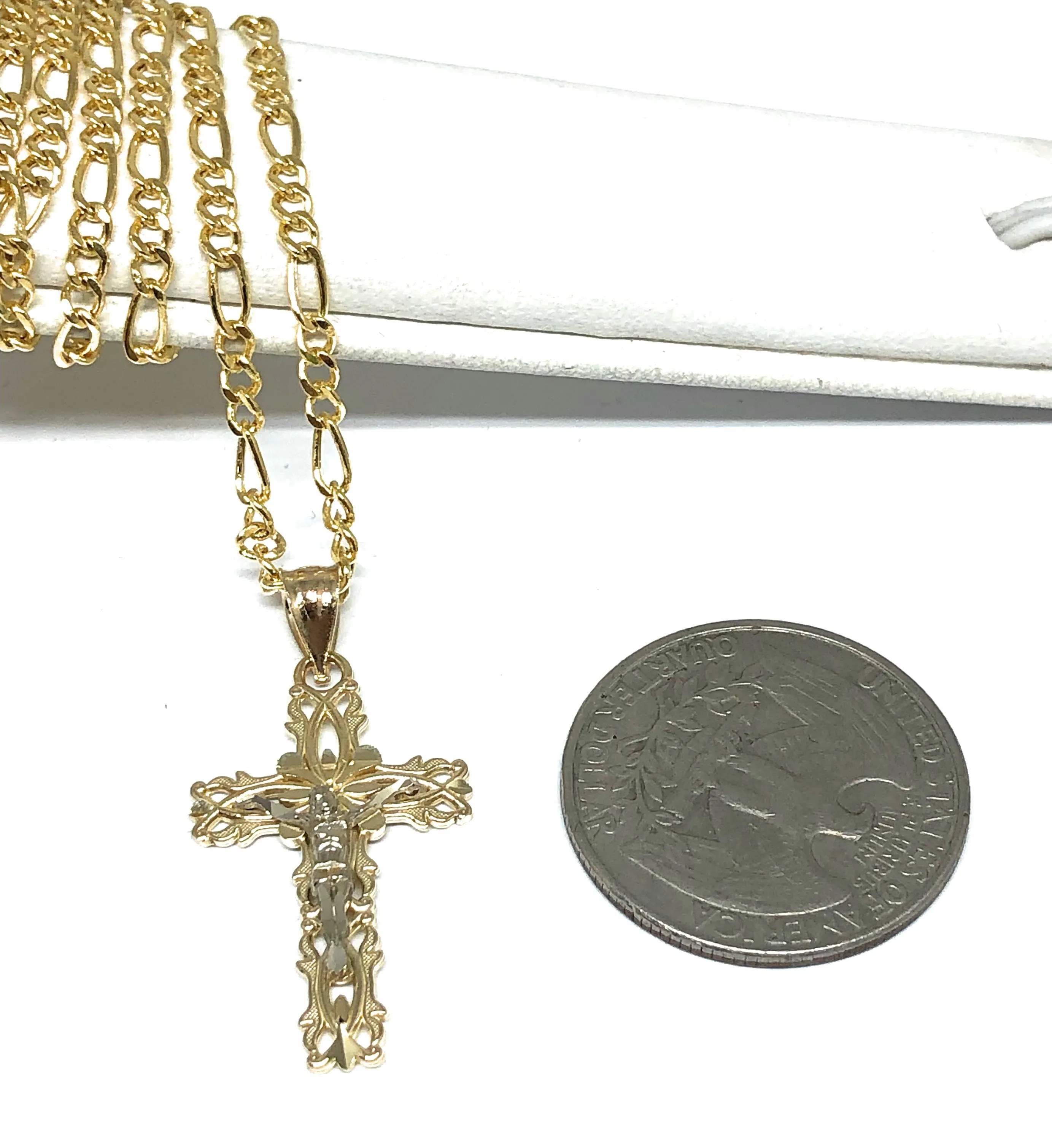 14k Solid Gold 2-Tone Jesus Cross Crucifix Pendant Necklace