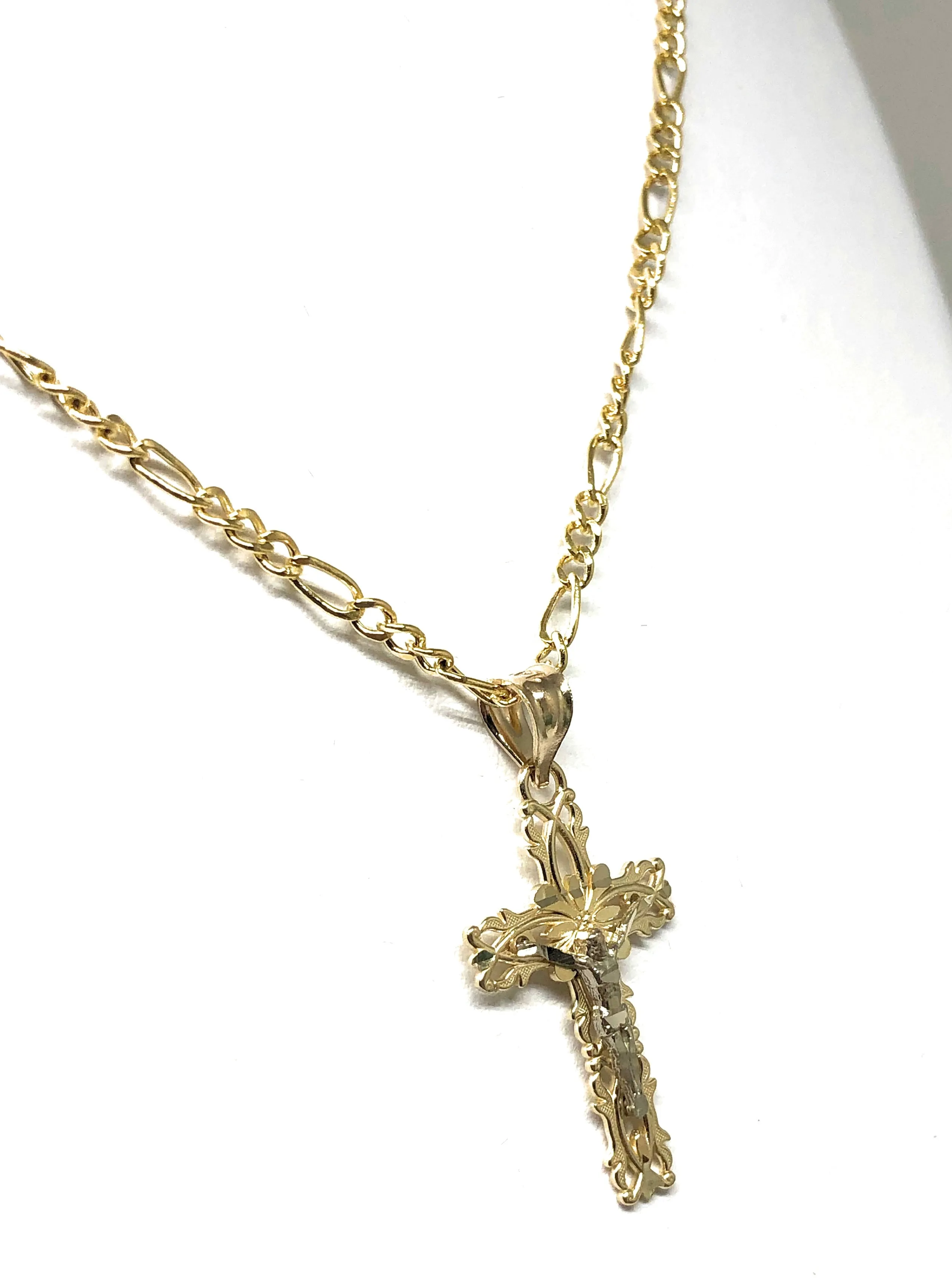 14k Solid Gold 2-Tone Jesus Cross Crucifix Pendant Necklace