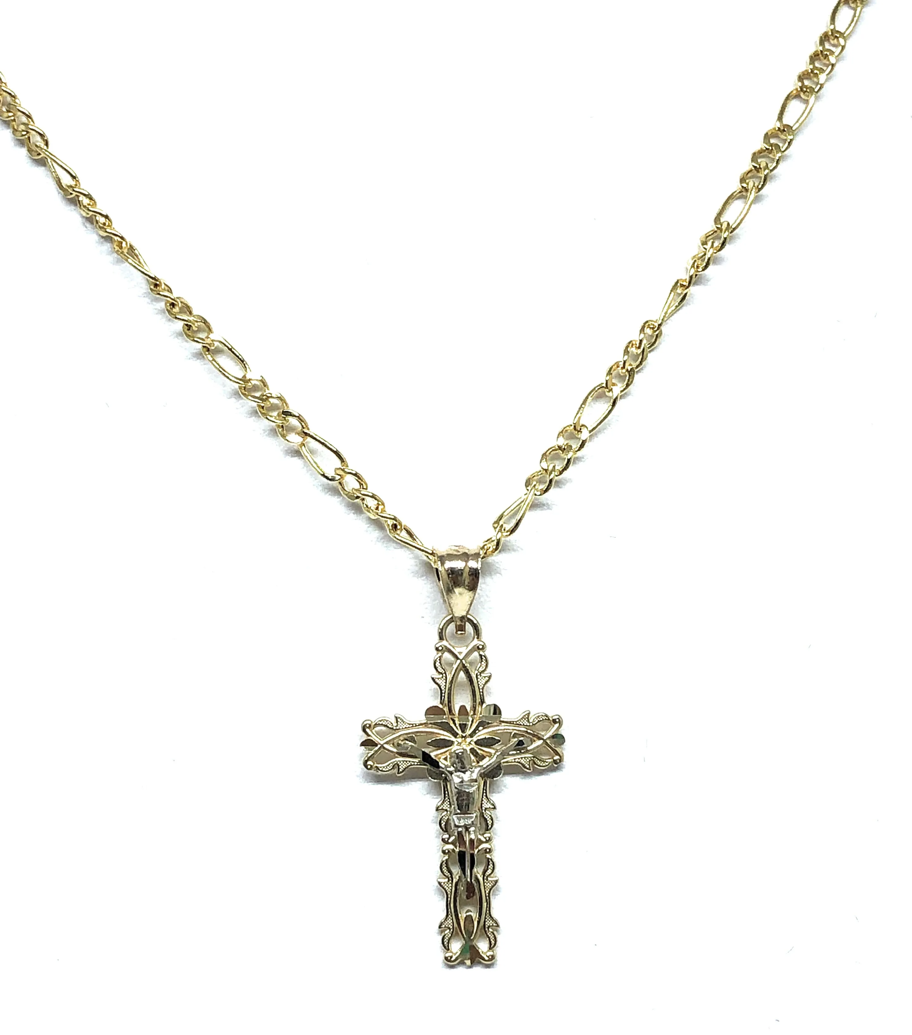 14k Solid Gold 2-Tone Jesus Cross Crucifix Pendant Necklace