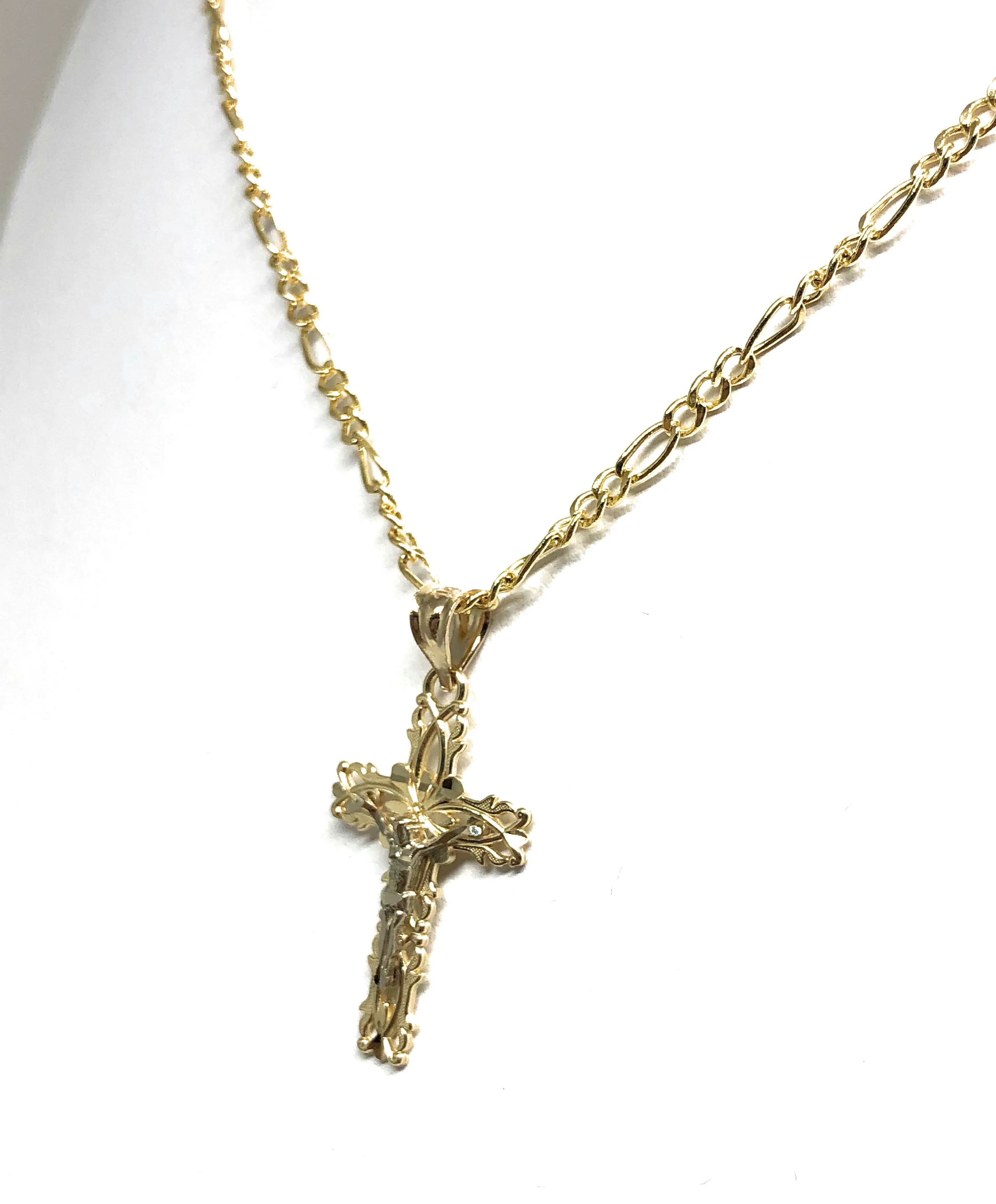 14k Solid Gold 2-Tone Jesus Cross Crucifix Pendant Necklace