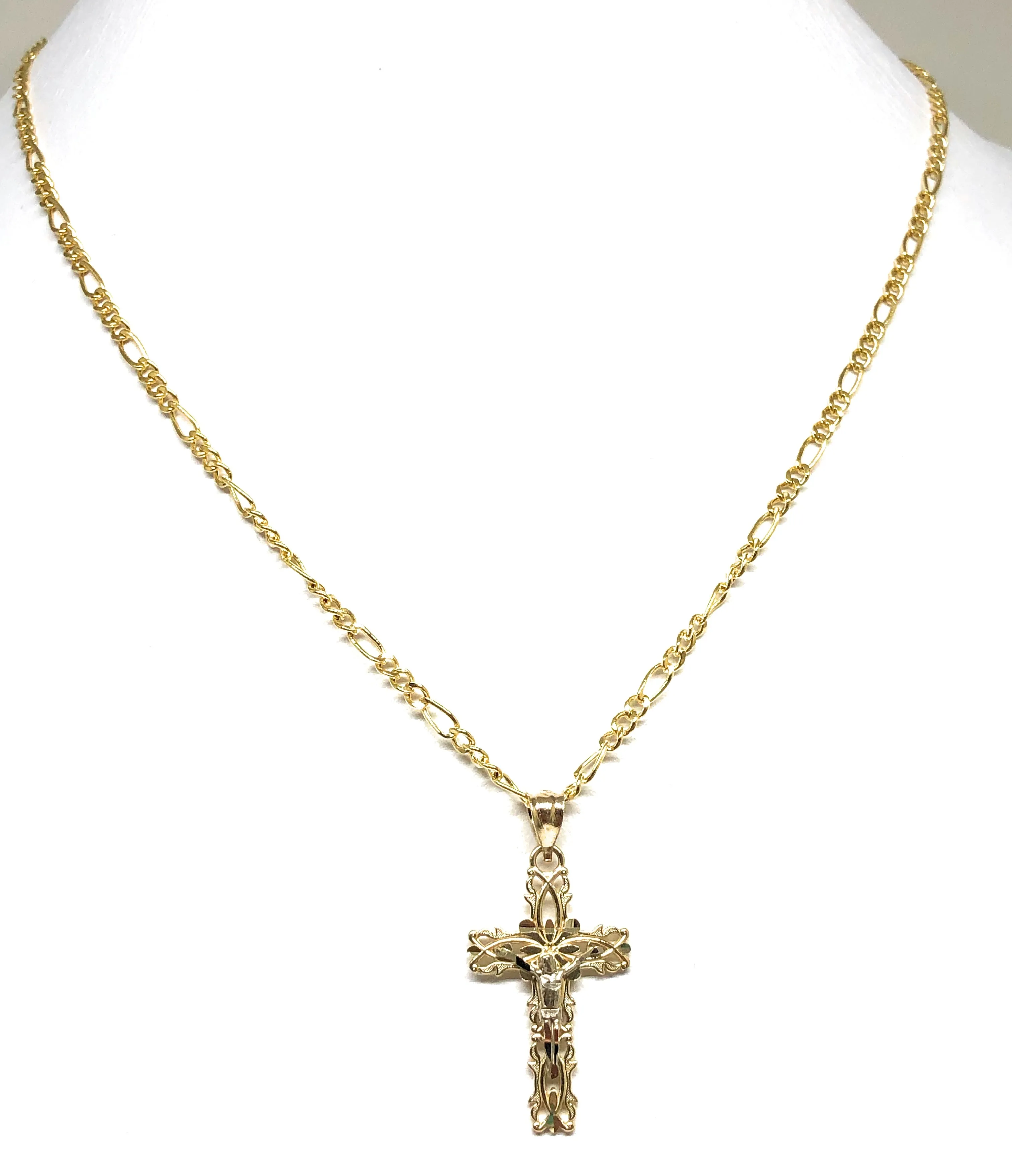 14k Solid Gold 2-Tone Jesus Cross Crucifix Pendant Necklace