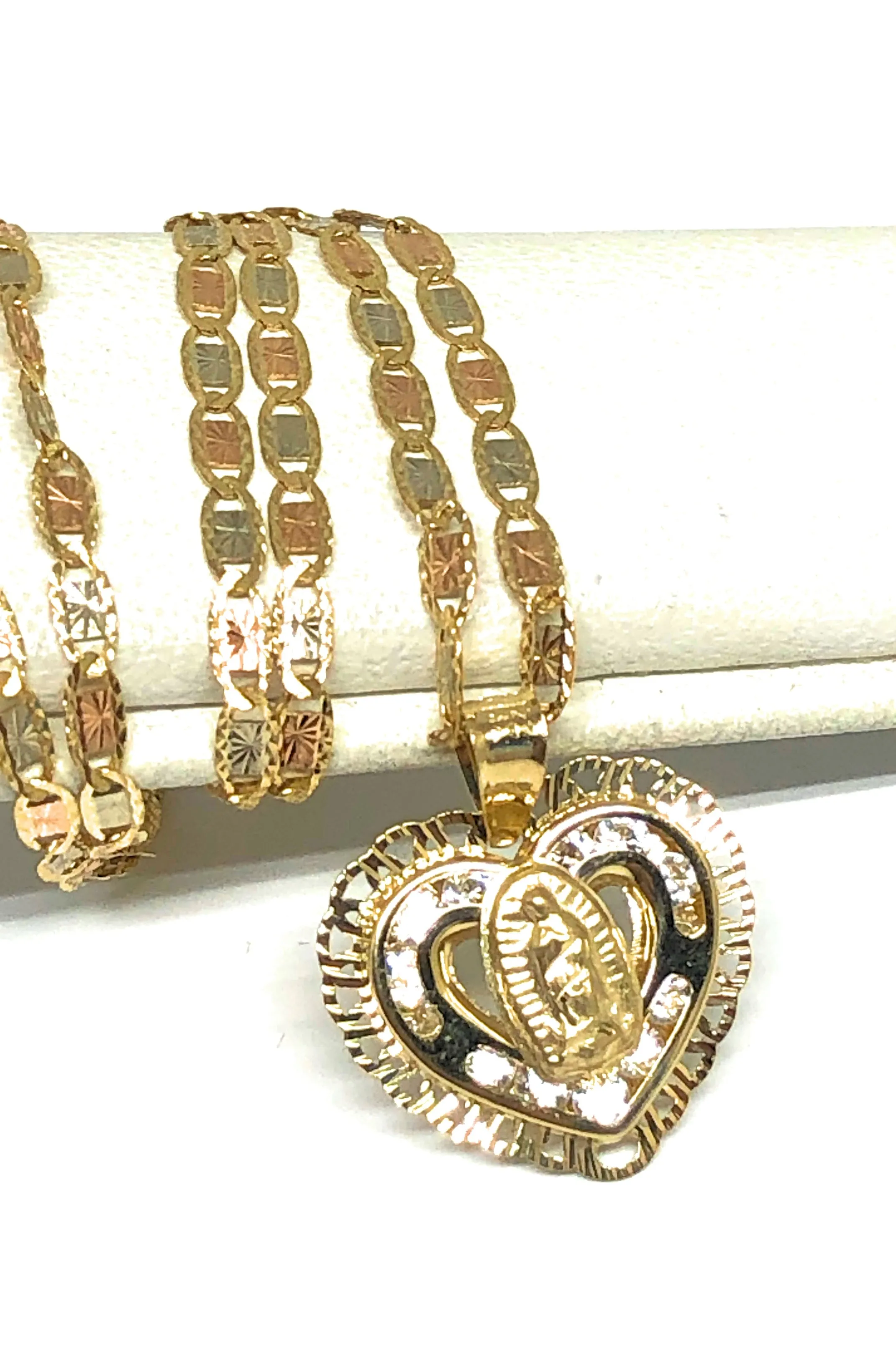 14k Solid Gold Tri-Color Virrgin Mary CZ Heart Pendant Necklace Virrgen Gaudalupe