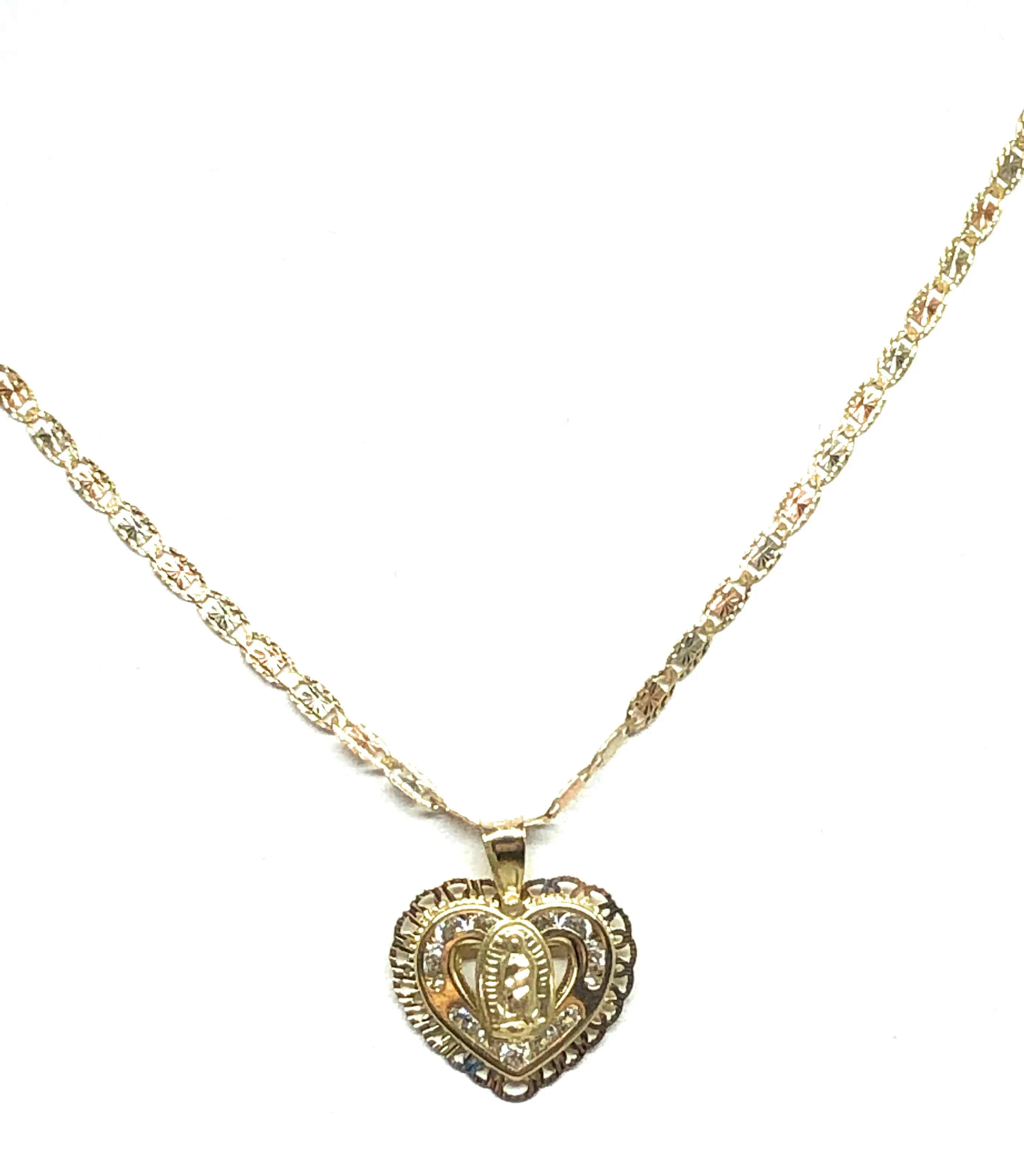 14k Solid Gold Tri-Color Virrgin Mary CZ Heart Pendant Necklace Virrgen Gaudalupe