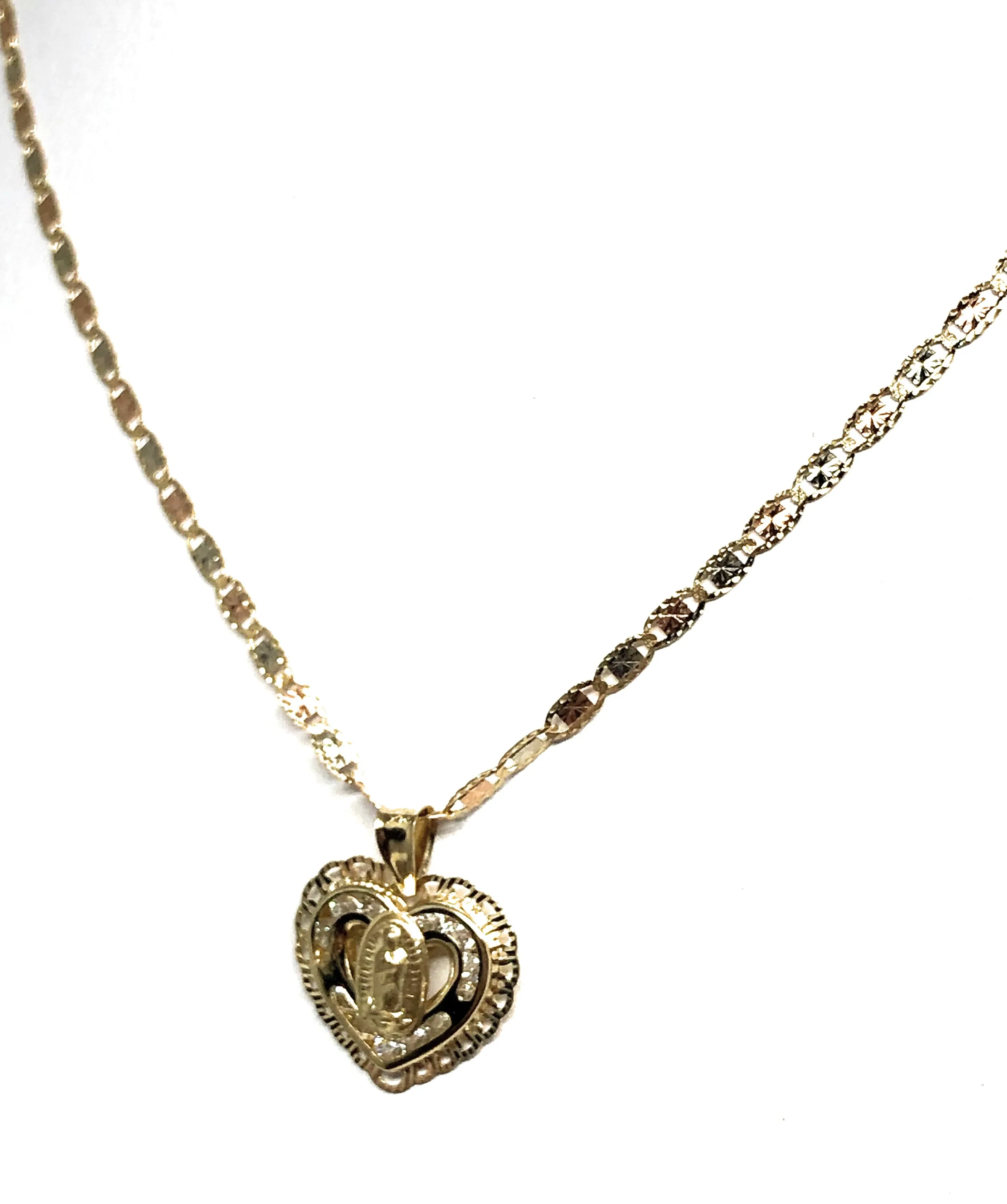 14k Solid Gold Tri-Color Virrgin Mary CZ Heart Pendant Necklace Virrgen Gaudalupe