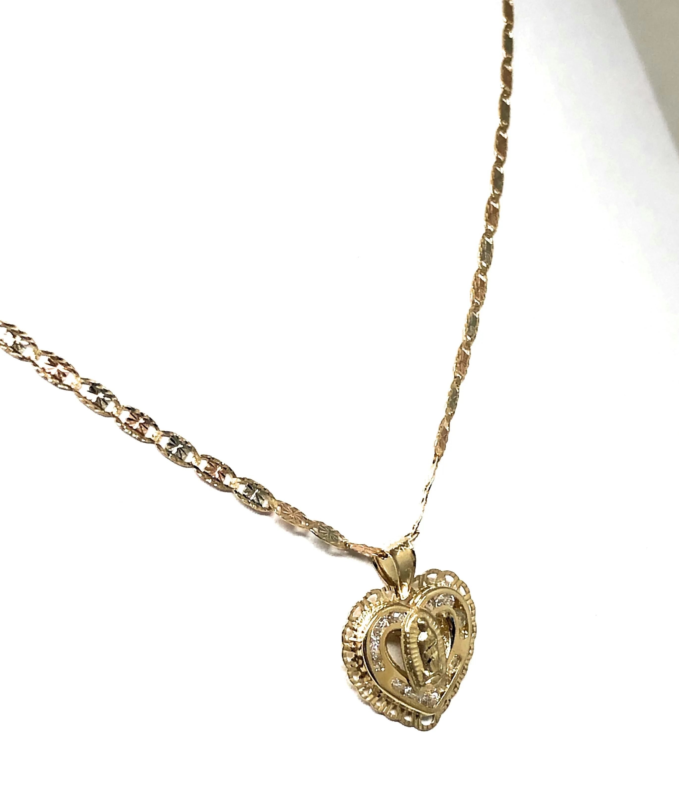 14k Solid Gold Tri-Color Virrgin Mary CZ Heart Pendant Necklace Virrgen Gaudalupe