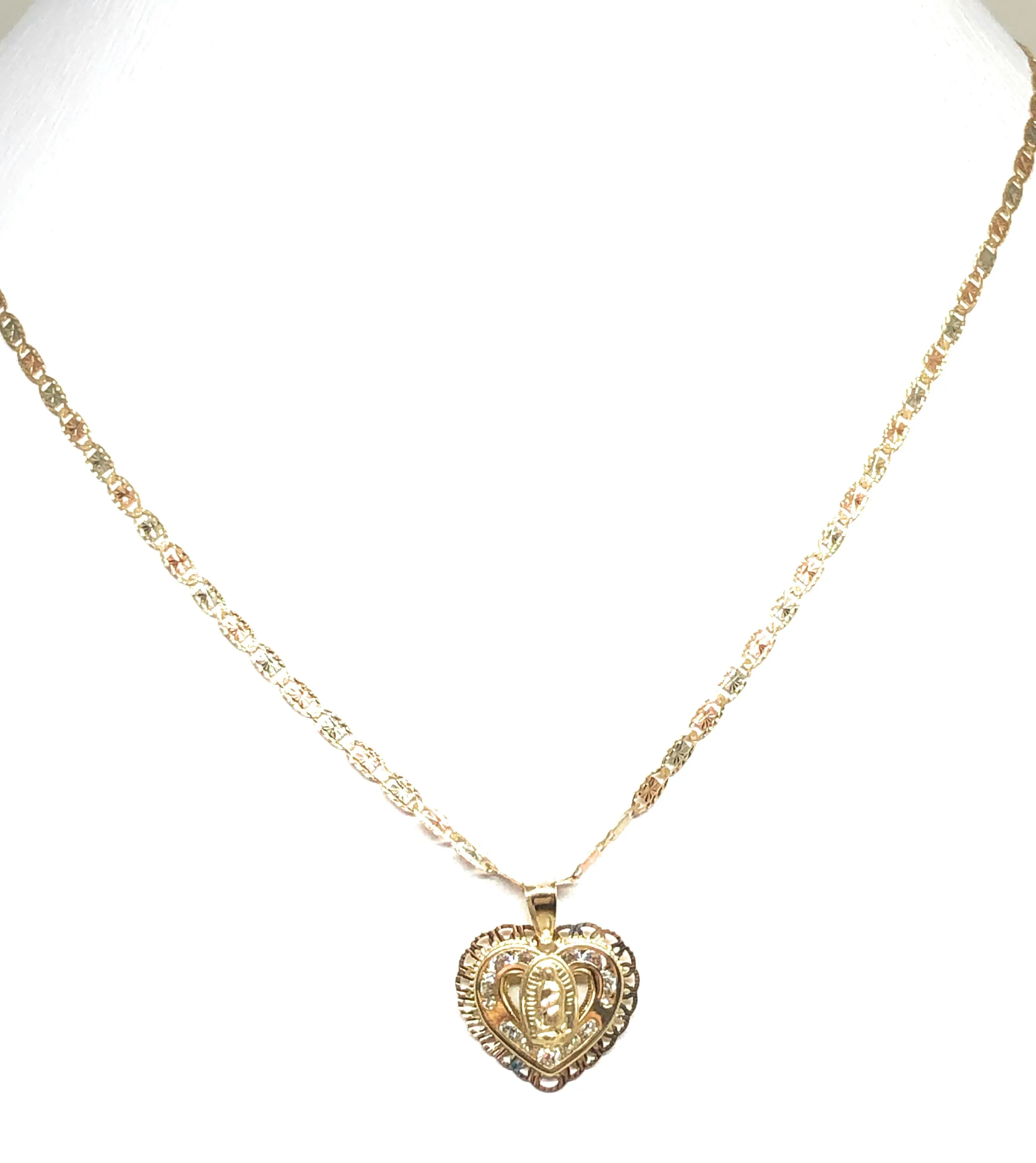 14k Solid Gold Tri-Color Virrgin Mary CZ Heart Pendant Necklace Virrgen Gaudalupe