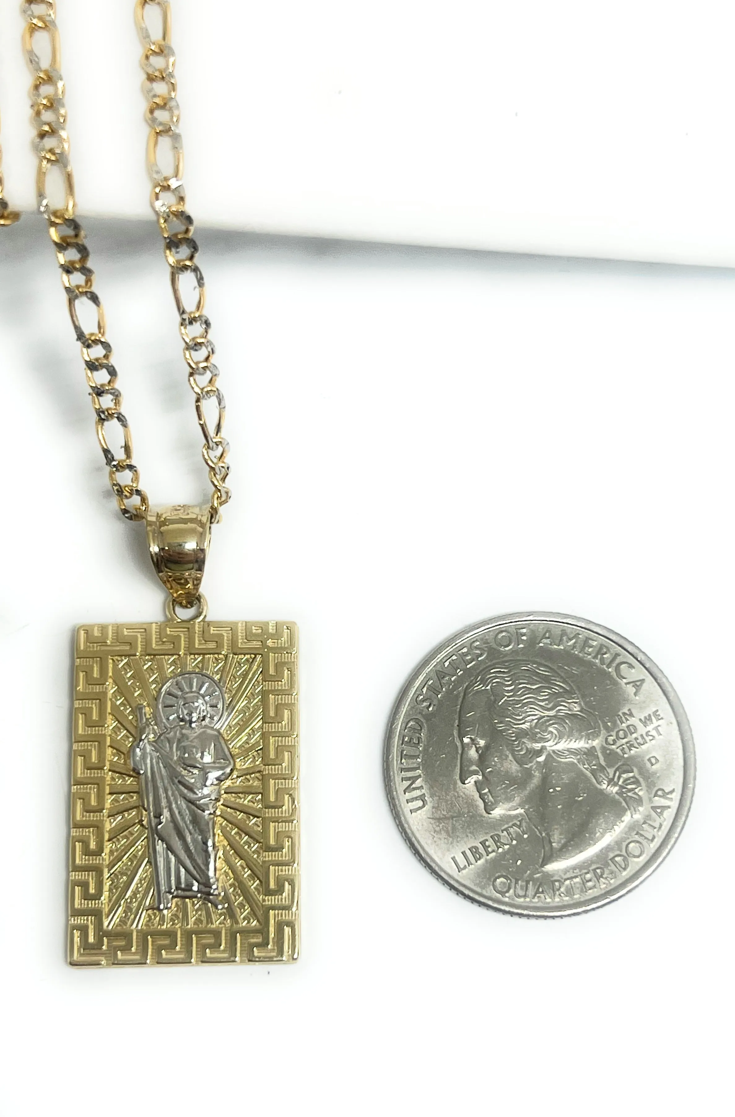 14k Solid Gold Yellow 2-Tone Saan Judas Saaint Jude SQUARE MEANDROS BORDER Pendant with Figaro Chain