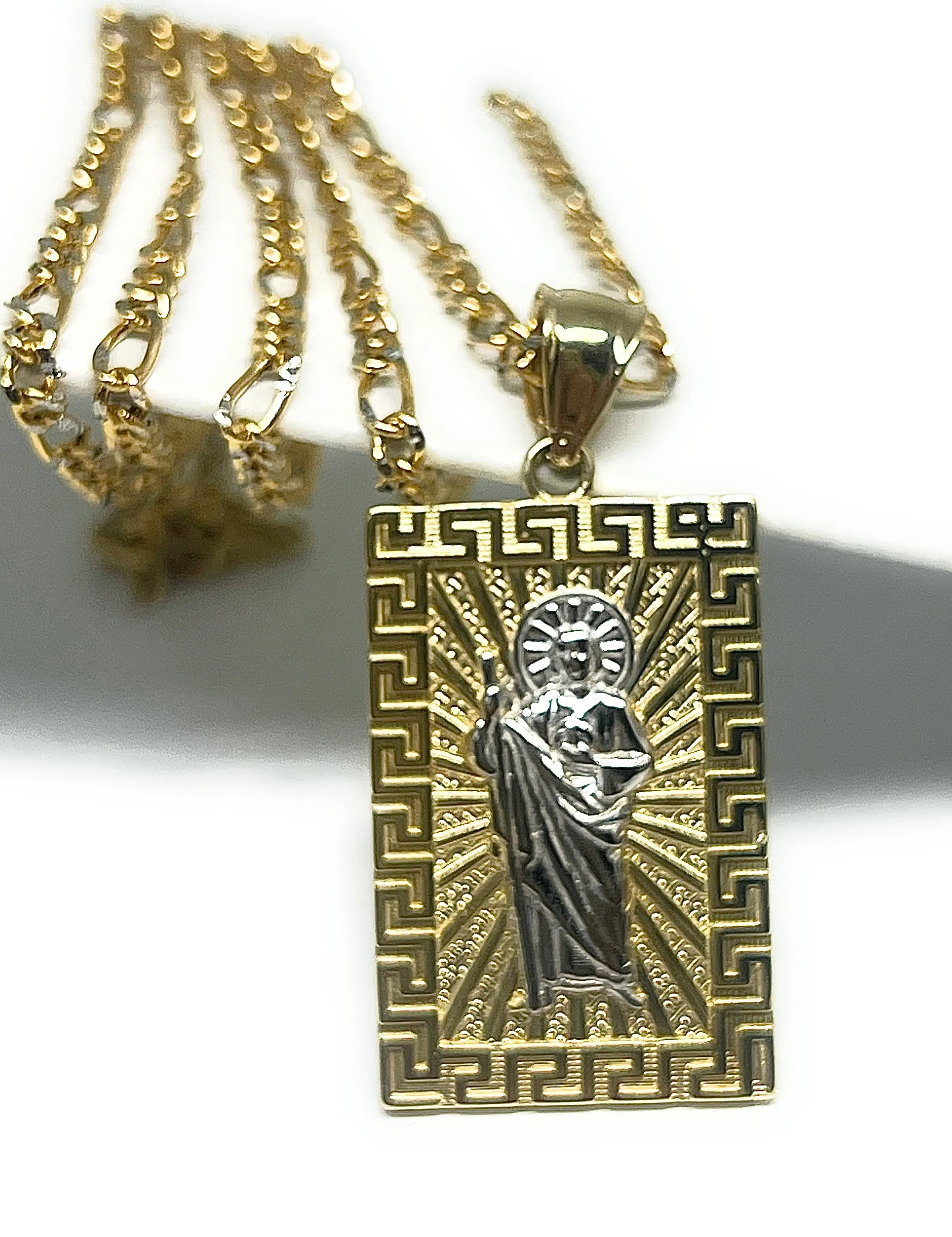 14k Solid Gold Yellow 2-Tone Saan Judas Saaint Jude SQUARE MEANDROS BORDER Pendant with Figaro Chain