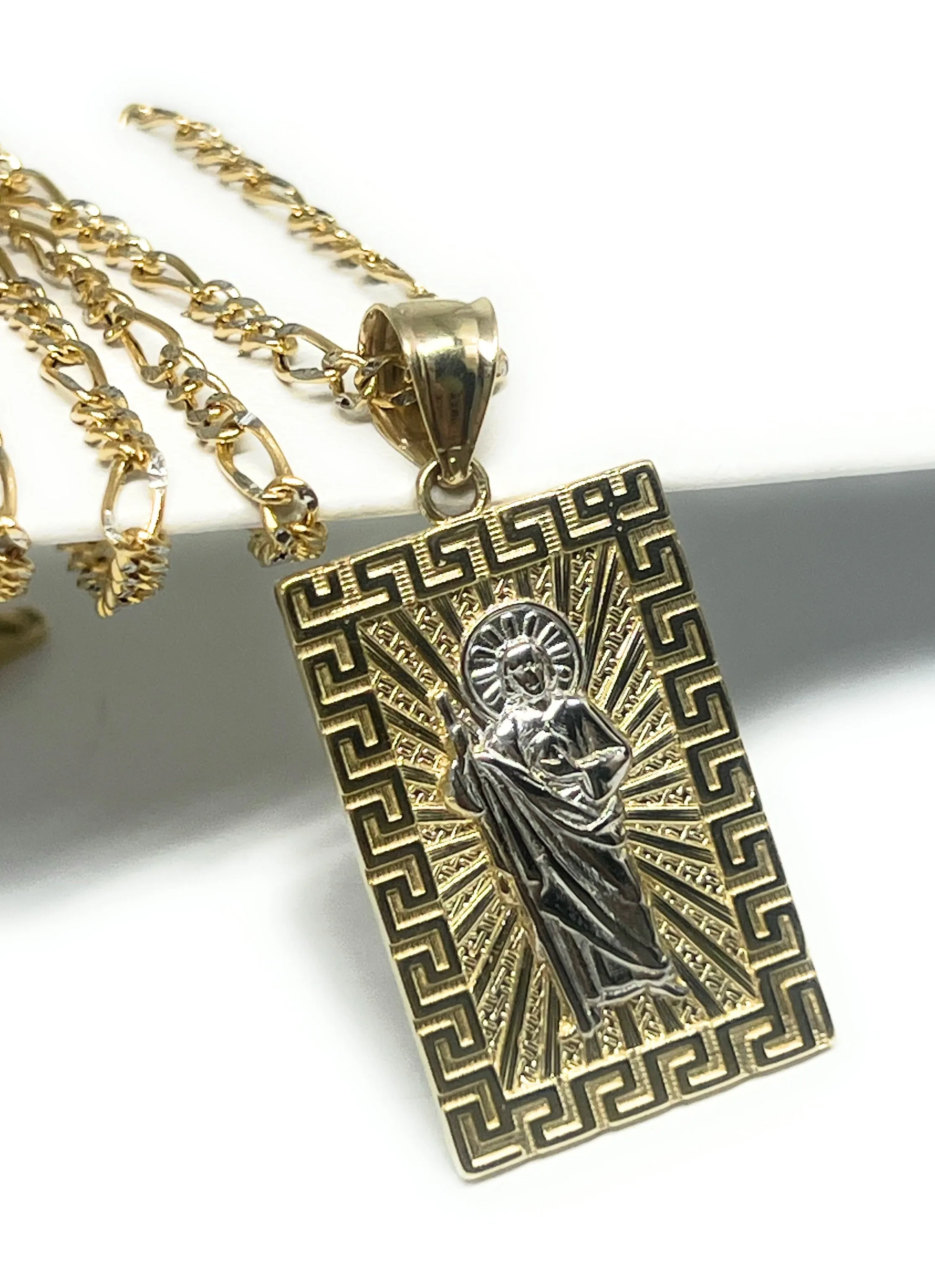 14k Solid Gold Yellow 2-Tone Saan Judas Saaint Jude SQUARE MEANDROS BORDER Pendant with Figaro Chain