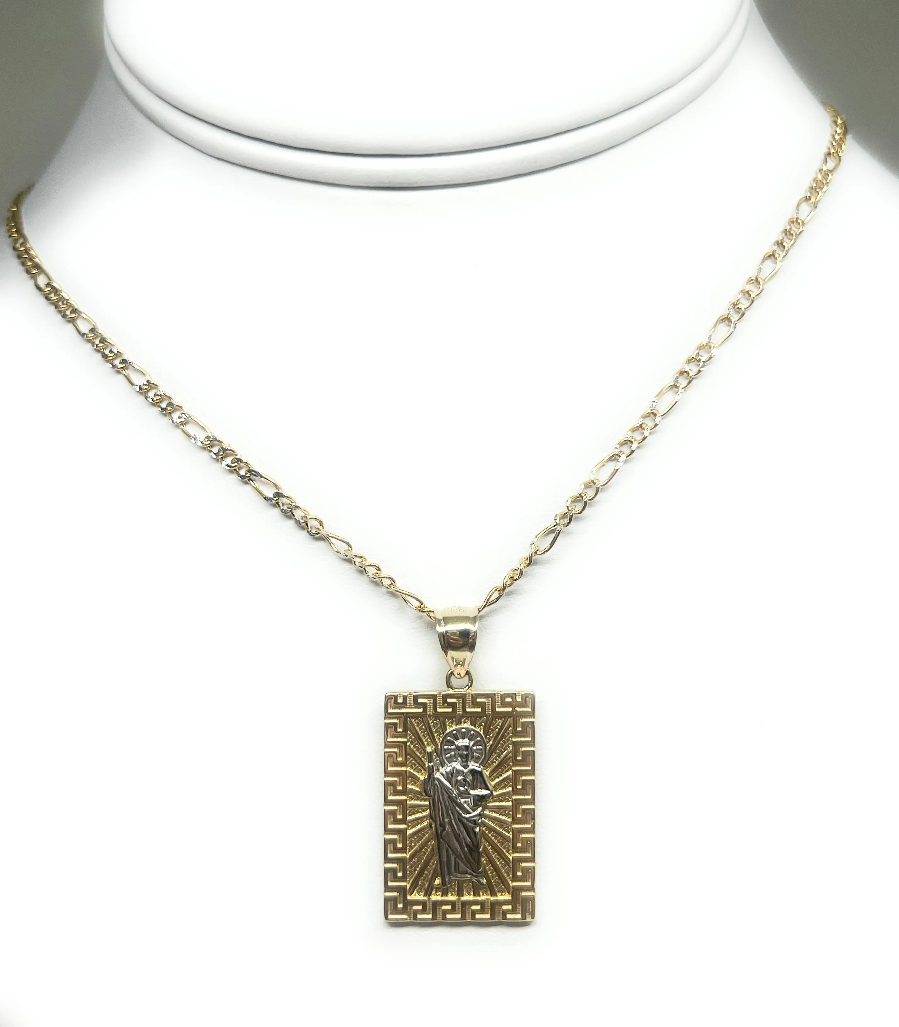 14k Solid Gold Yellow 2-Tone Saan Judas Saaint Jude SQUARE MEANDROS BORDER Pendant with Figaro Chain