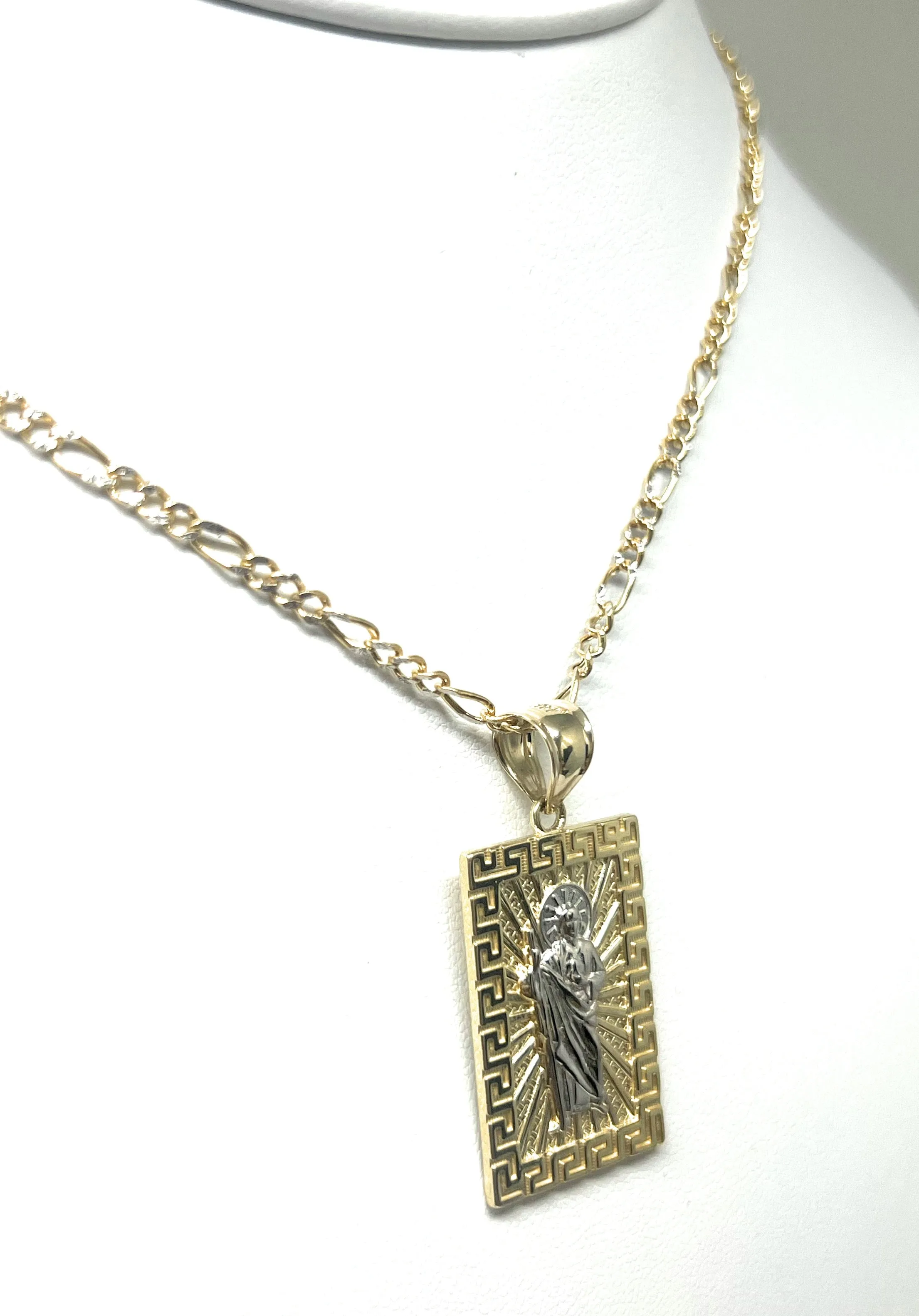 14k Solid Gold Yellow 2-Tone Saan Judas Saaint Jude SQUARE MEANDROS BORDER Pendant with Figaro Chain