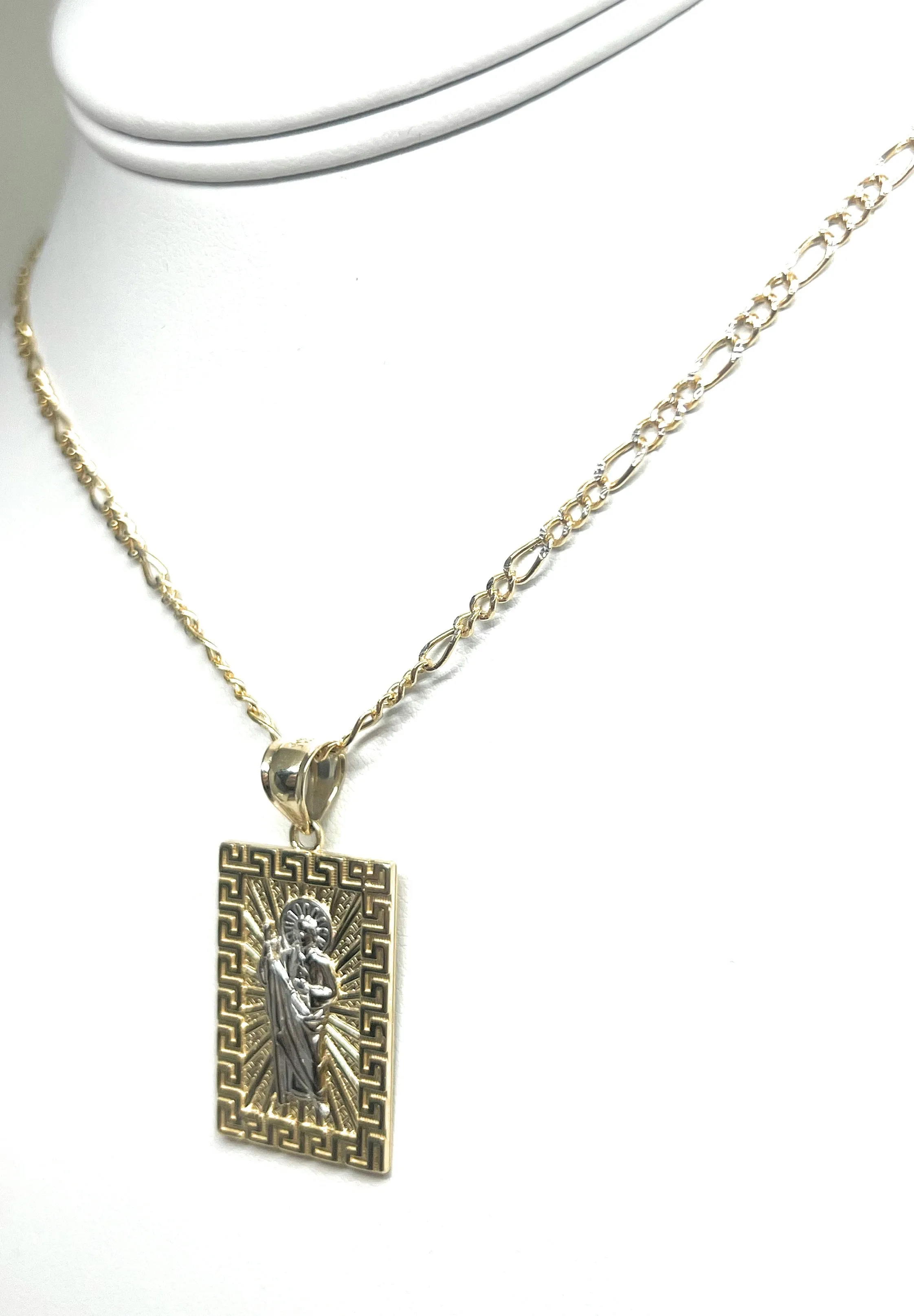 14k Solid Gold Yellow 2-Tone Saan Judas Saaint Jude SQUARE MEANDROS BORDER Pendant with Figaro Chain