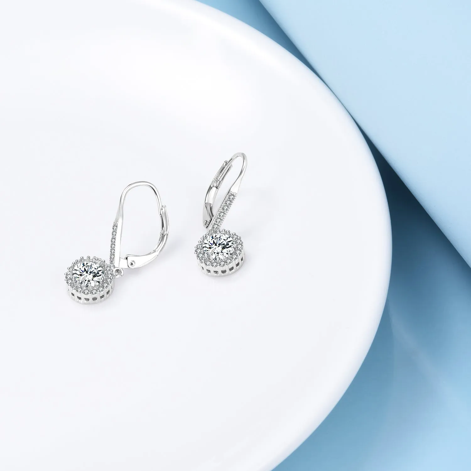 14K White Gold Halo Lever-back Earrings