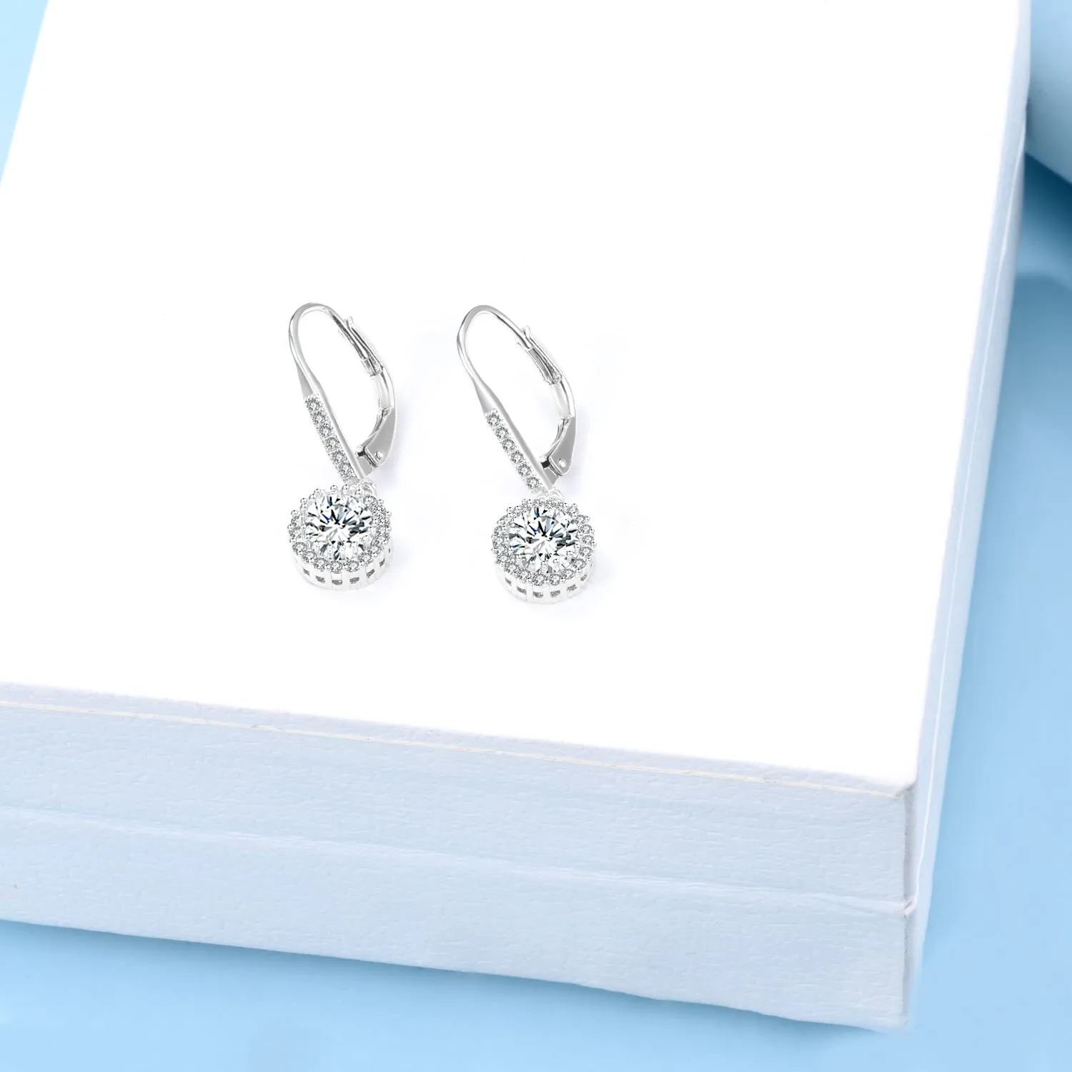 14K White Gold Halo Lever-back Earrings