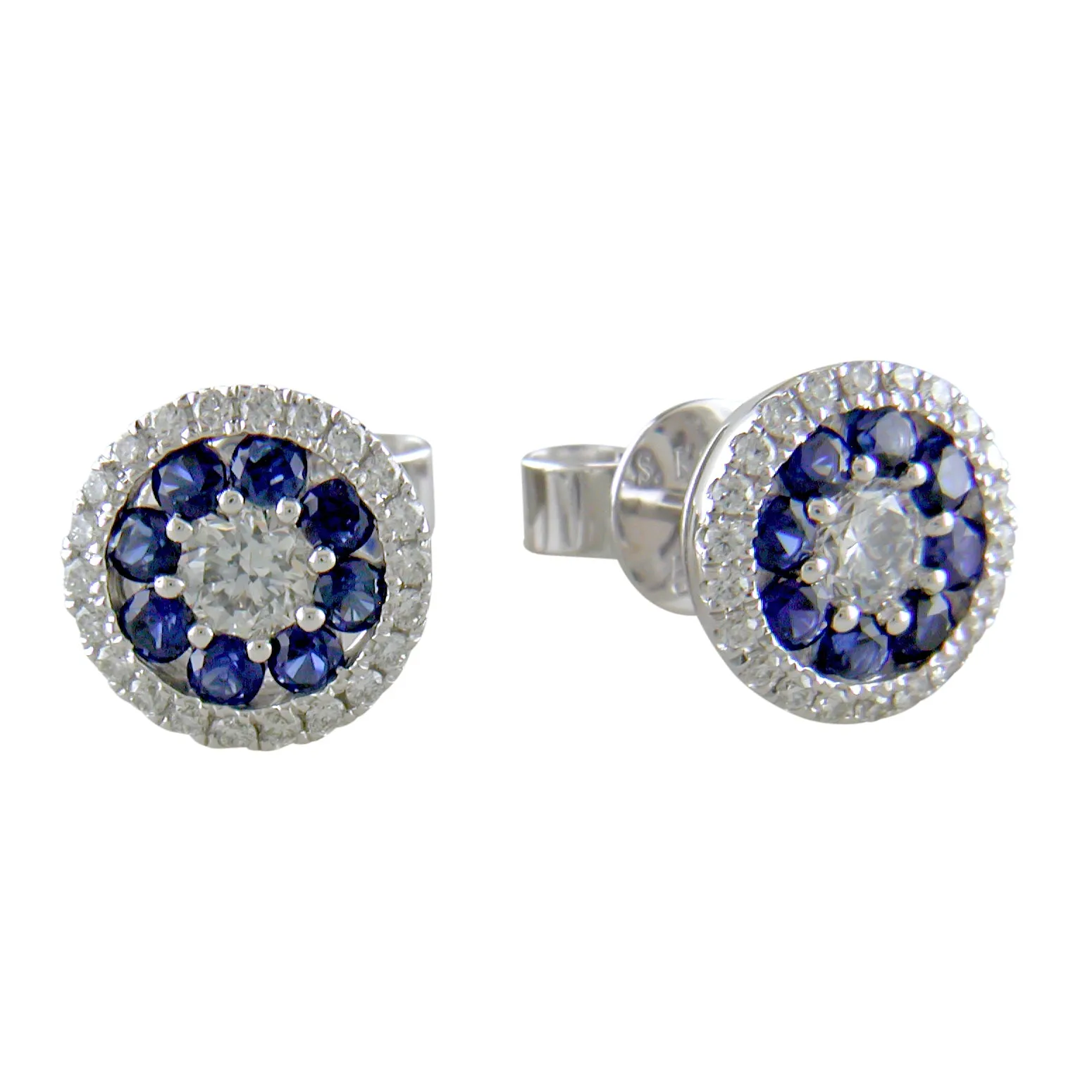 14K White Gold Sapphire & Diamond Round Halo Cluster Stud Earrings