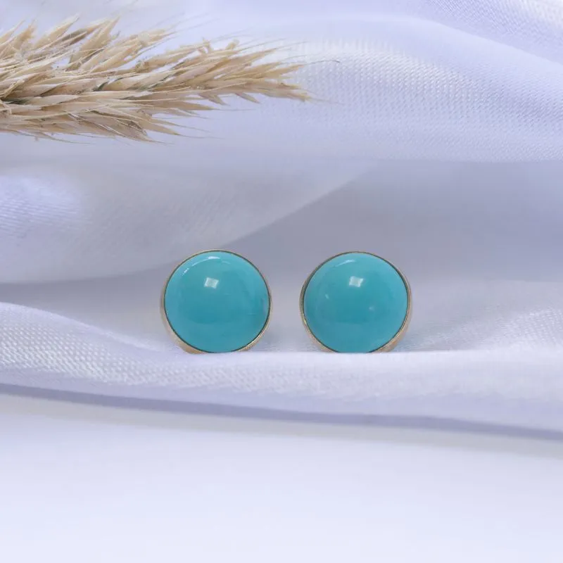 14K Yellow Gold Round Turquoise 8mm Stud Earrings