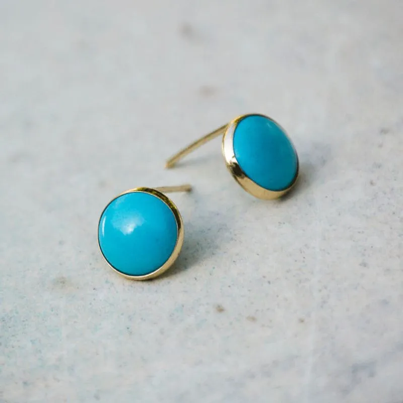 14K Yellow Gold Round Turquoise 8mm Stud Earrings