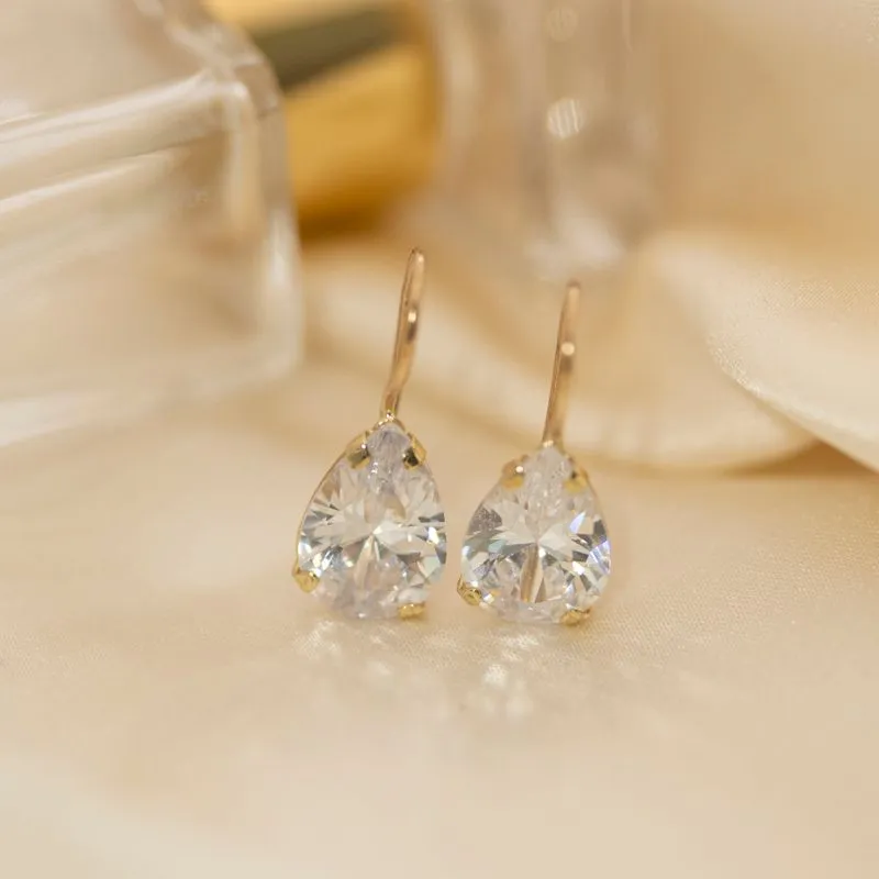 14K Yellow Gold Teardrop White Cubic Zirconia 7X10mm Dangle Earrings