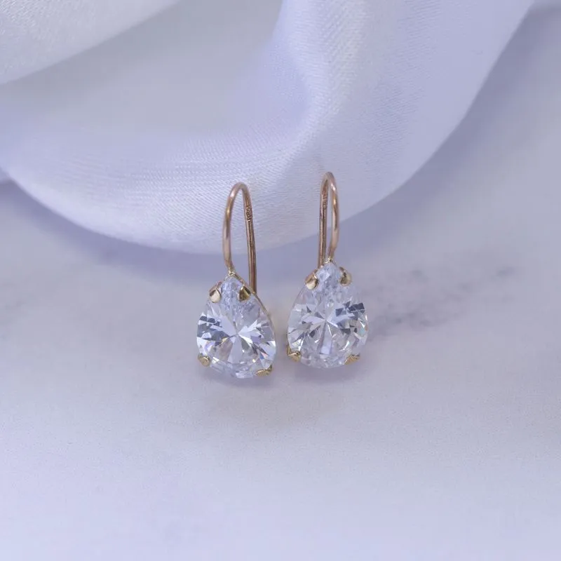 14K Yellow Gold Teardrop White Cubic Zirconia 7X10mm Dangle Earrings