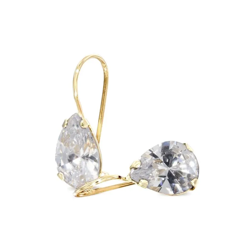 14K Yellow Gold Teardrop White Cubic Zirconia 7X10mm Dangle Earrings