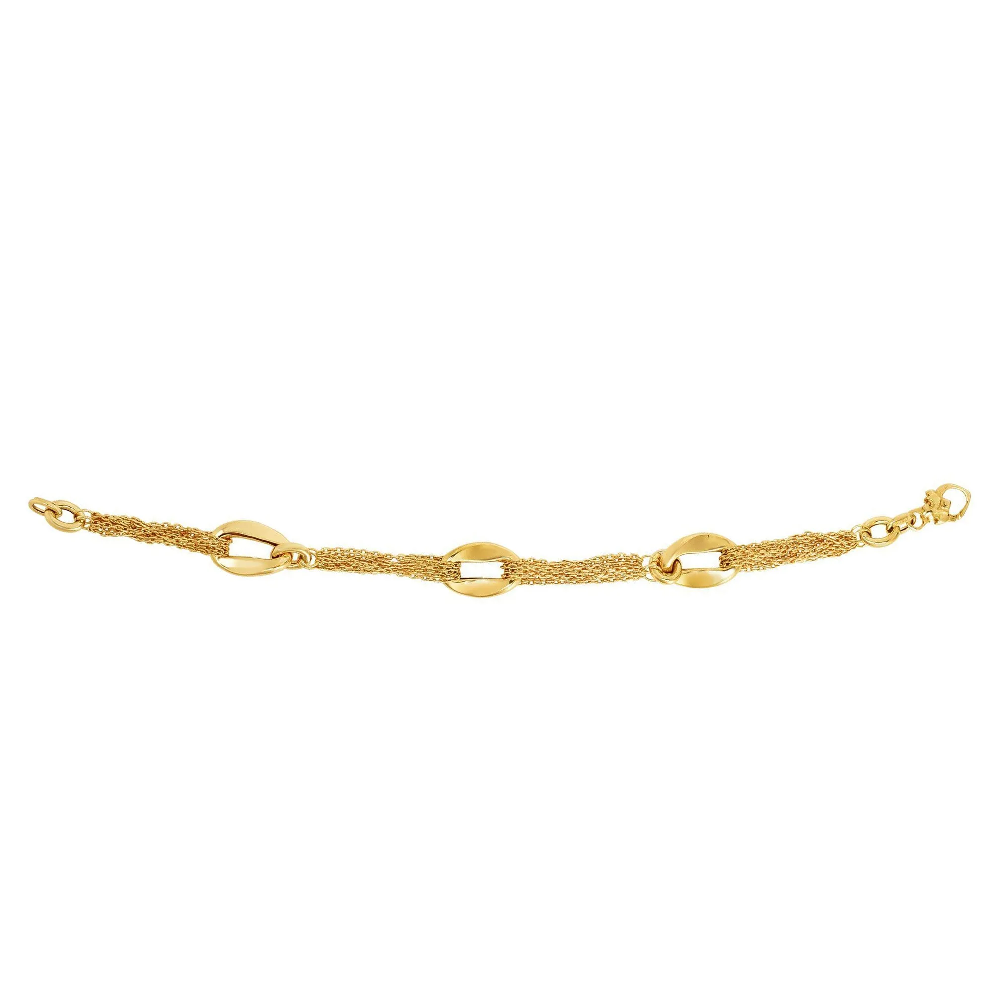 14k Yellow Gold Three Curved Oval Link Multi Stranded Cable Chain Bracelet, 7.5