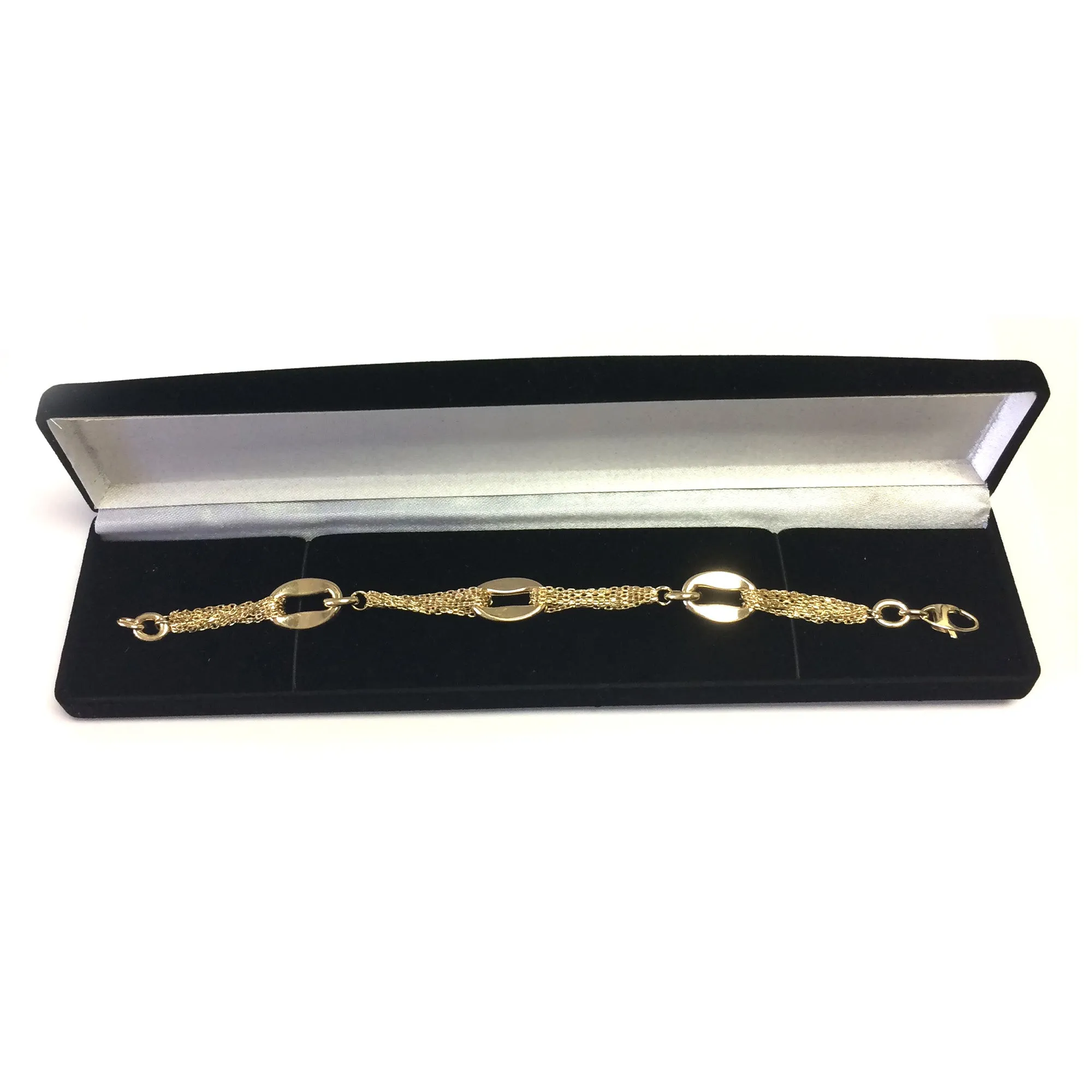 14k Yellow Gold Three Curved Oval Link Multi Stranded Cable Chain Bracelet, 7.5