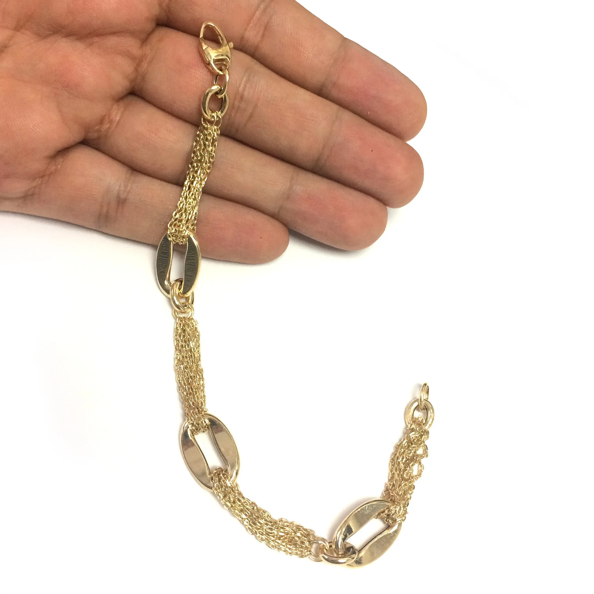 14k Yellow Gold Three Curved Oval Link Multi Stranded Cable Chain Bracelet, 7.5