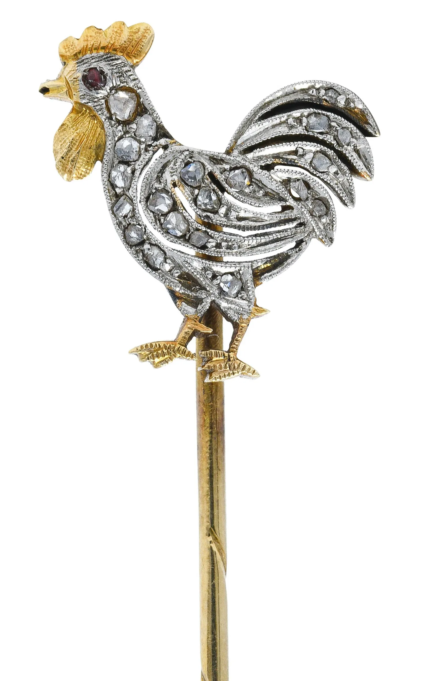 1900 Edwardian Diamond Platinum-Topped 14K Gold Rooster Stickpin