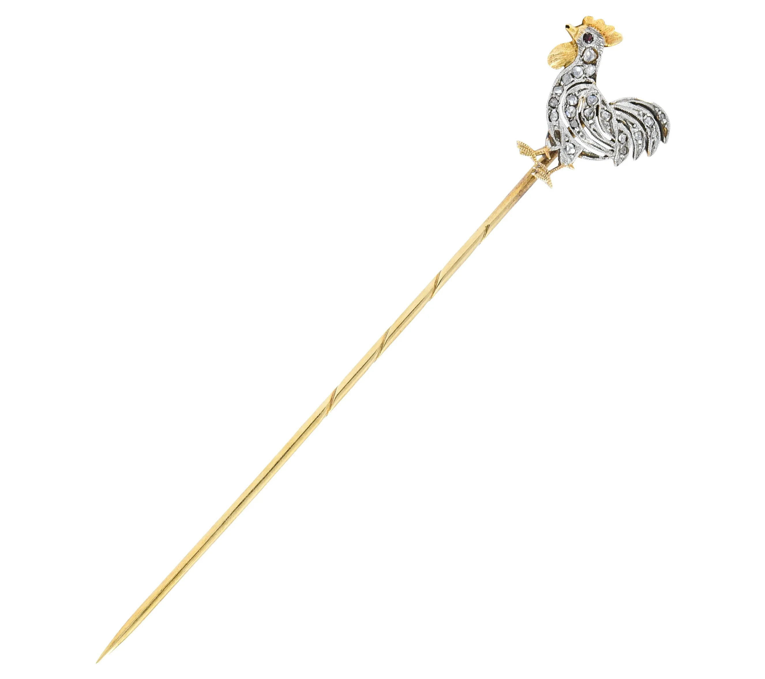 1900 Edwardian Diamond Platinum-Topped 14K Gold Rooster Stickpin