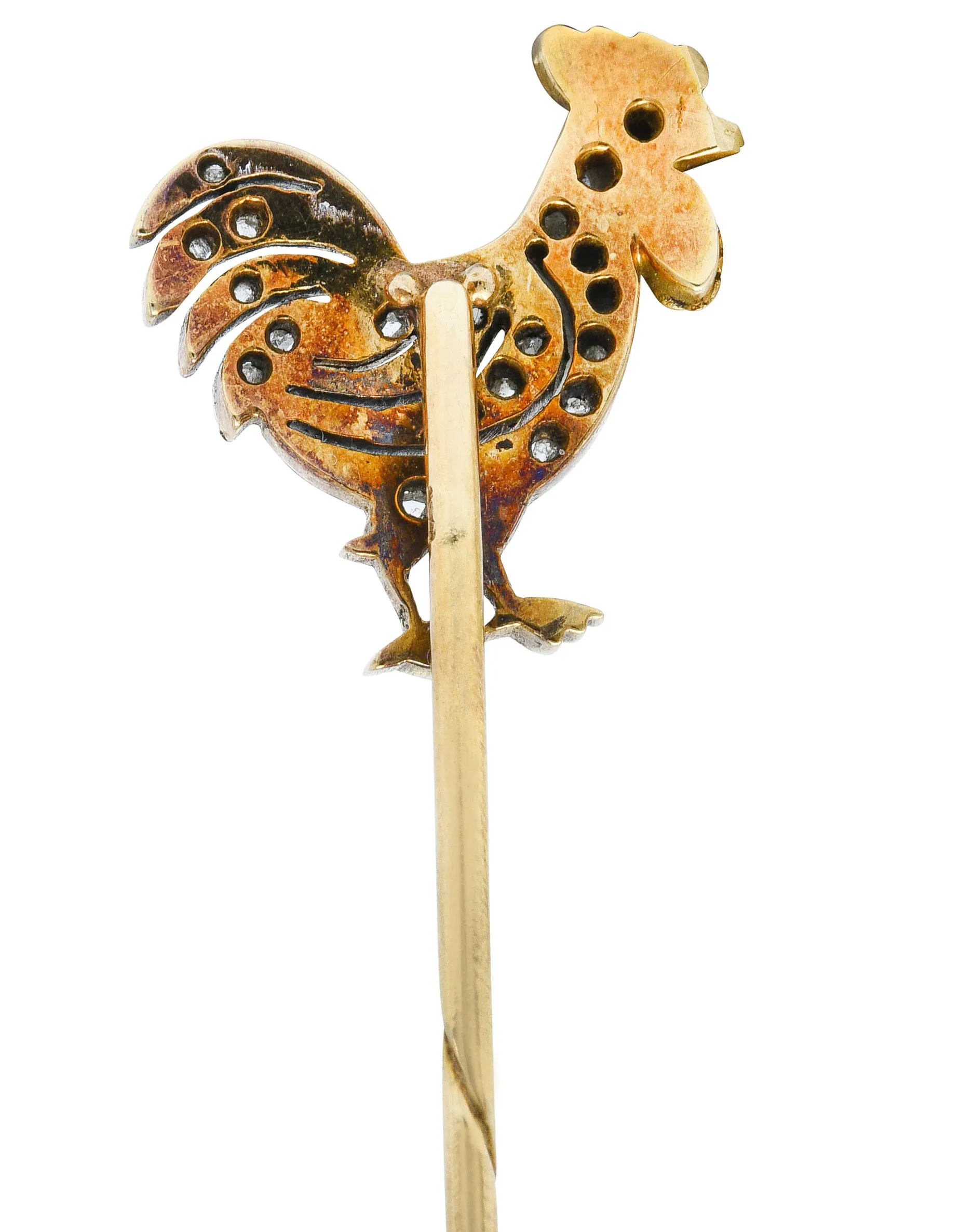 1900 Edwardian Diamond Platinum-Topped 14K Gold Rooster Stickpin