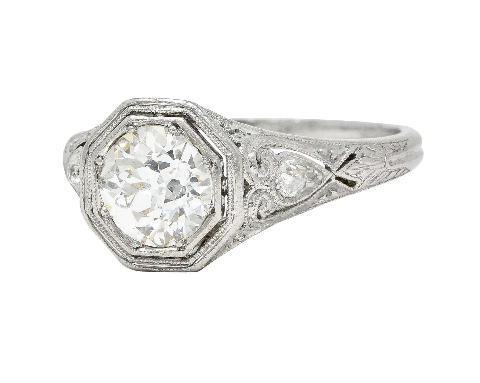 1920's Art Deco 1.27 CTW Diamond Platinum Scrolling Heart Engagement Ring