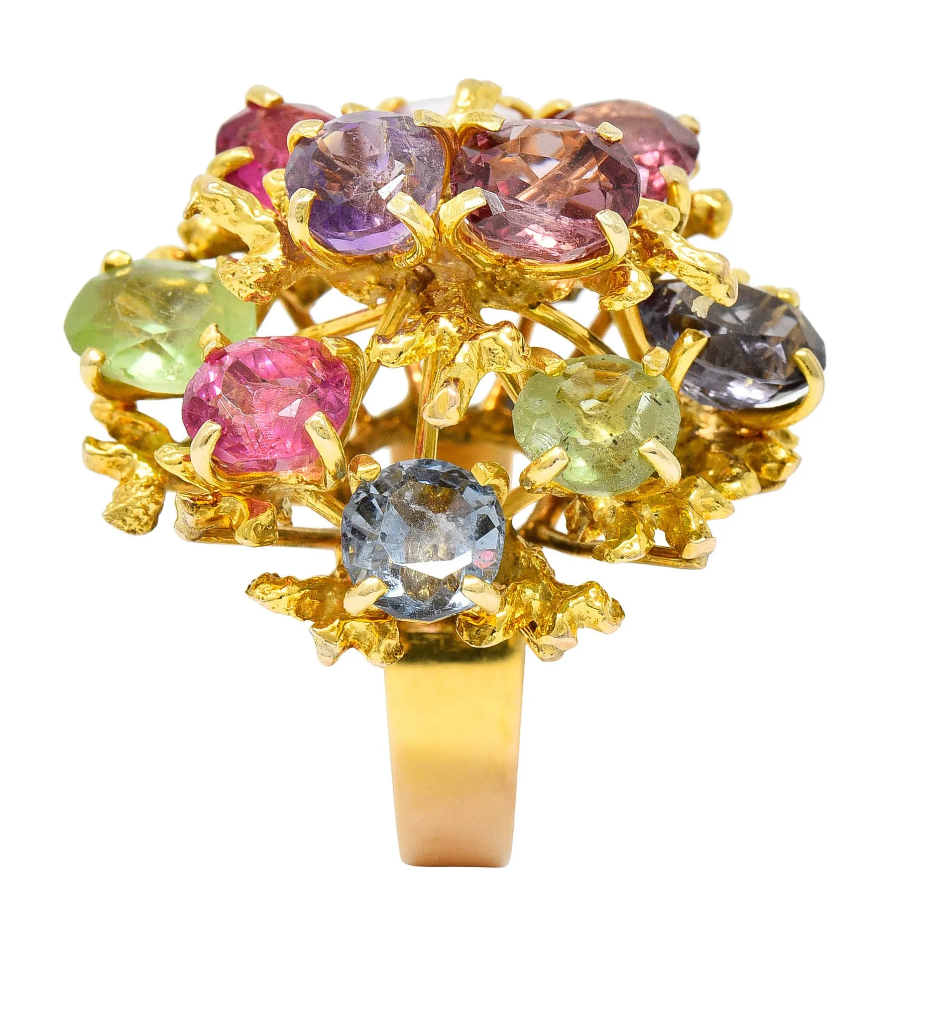 1970's Multi-Gem Spinel Peridot 14 Karat Gold Branching Cluster Ring