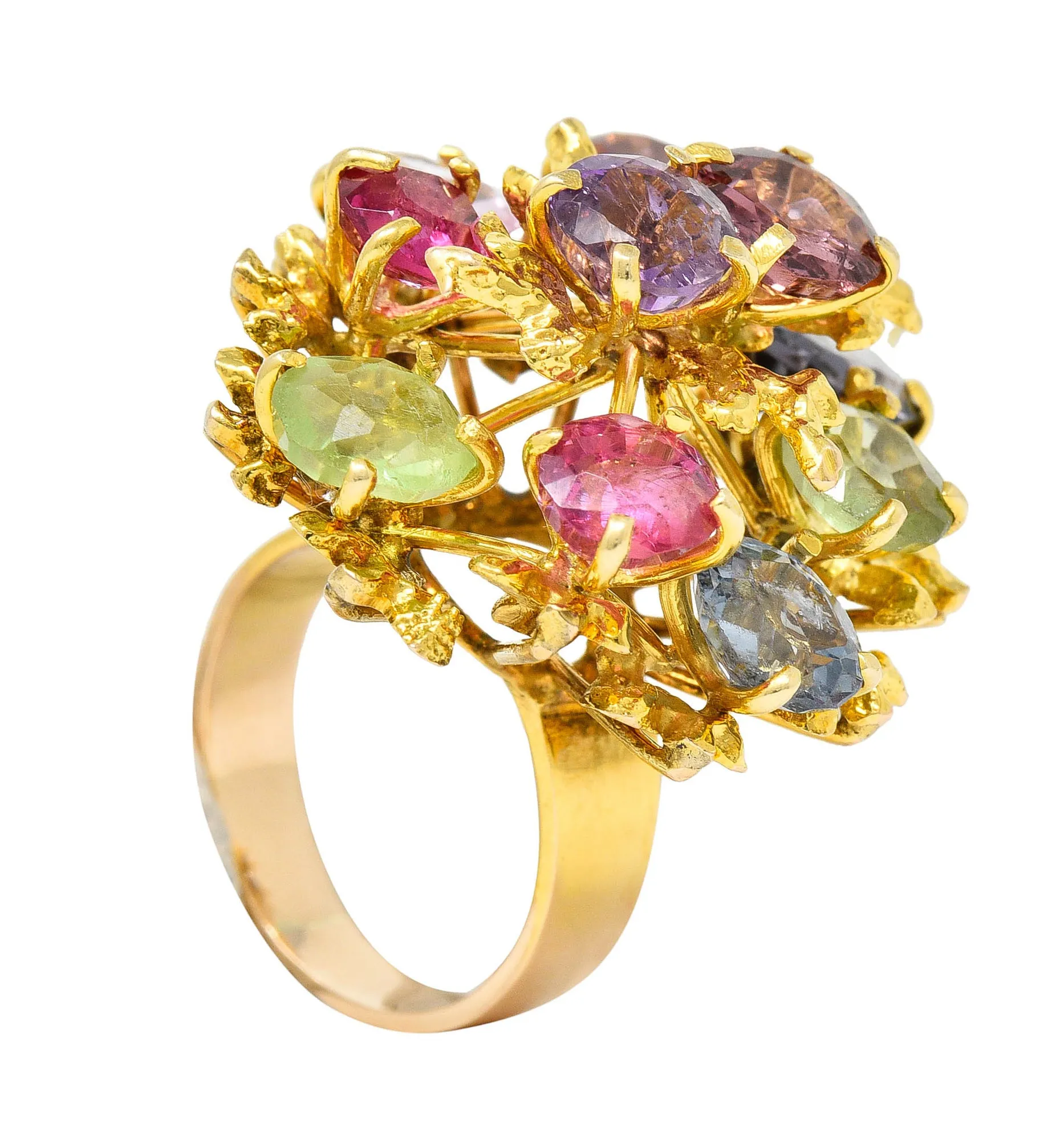 1970's Multi-Gem Spinel Peridot 14 Karat Gold Branching Cluster Ring