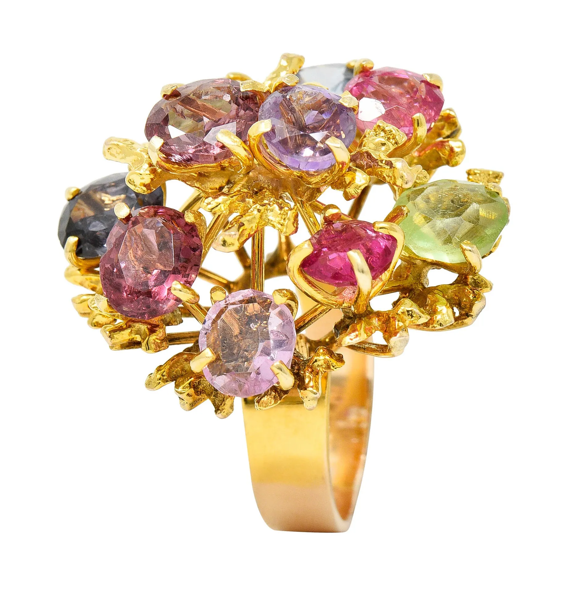 1970's Multi-Gem Spinel Peridot 14 Karat Gold Branching Cluster Ring