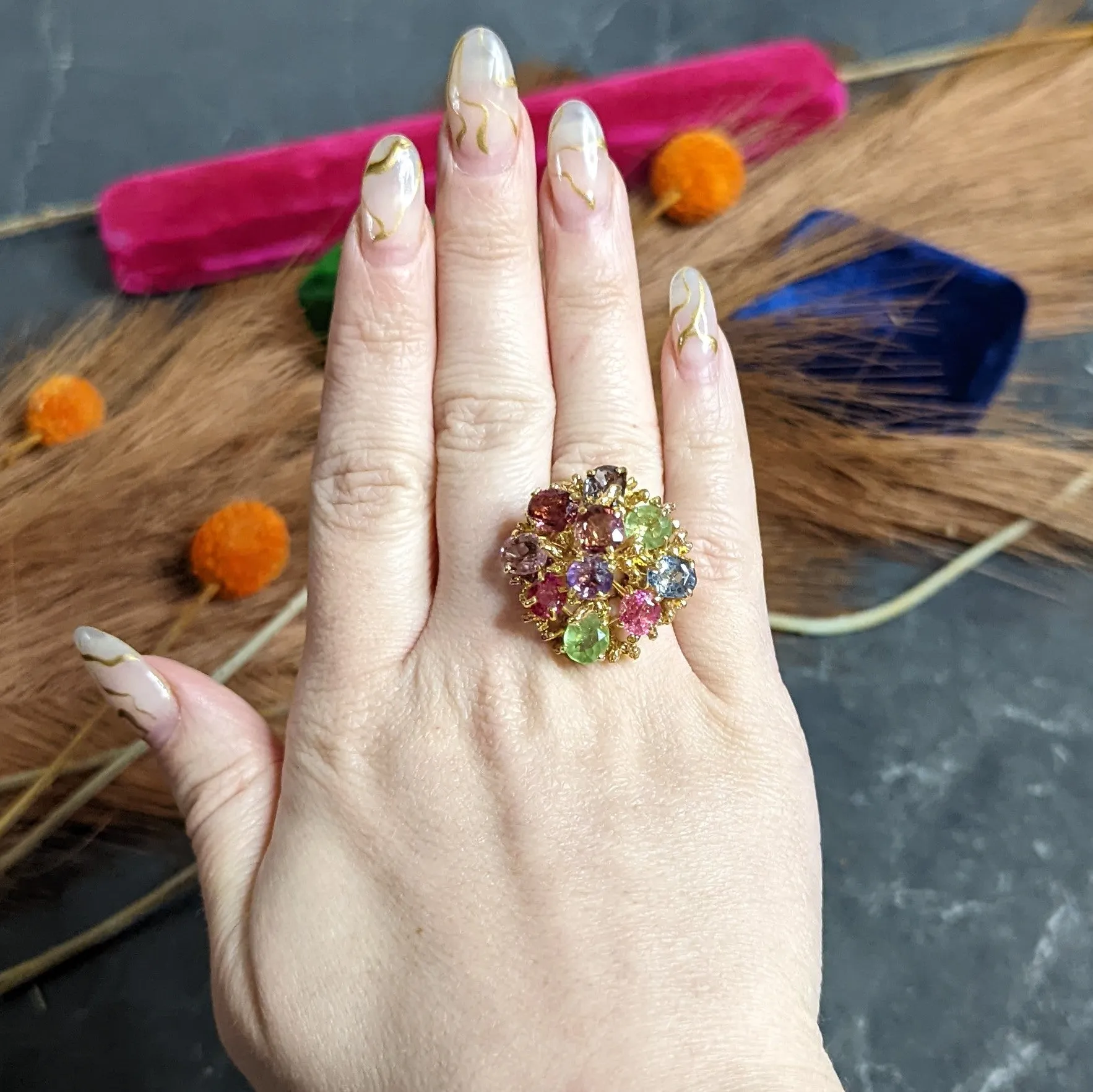 1970's Multi-Gem Spinel Peridot 14 Karat Gold Branching Cluster Ring