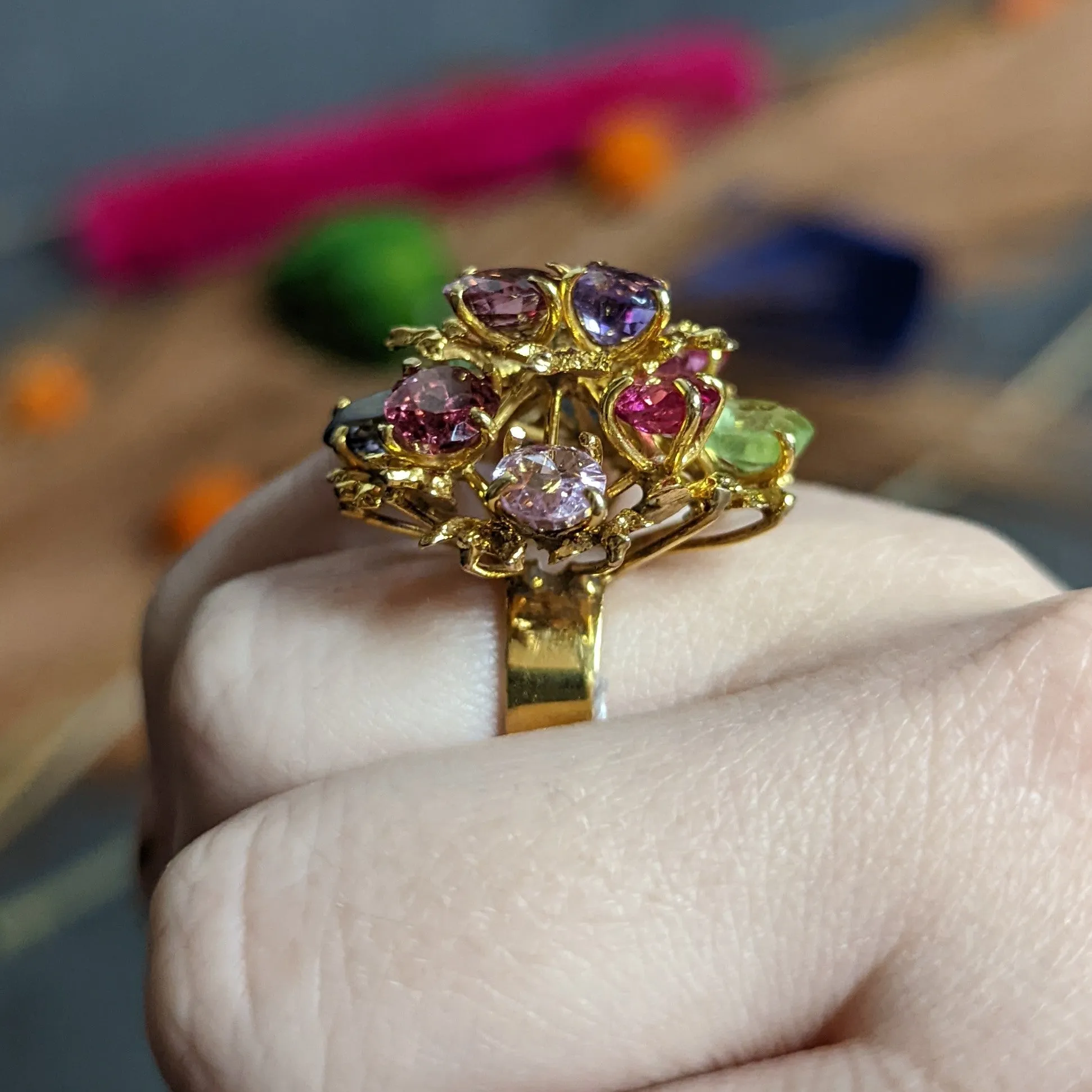 1970's Multi-Gem Spinel Peridot 14 Karat Gold Branching Cluster Ring