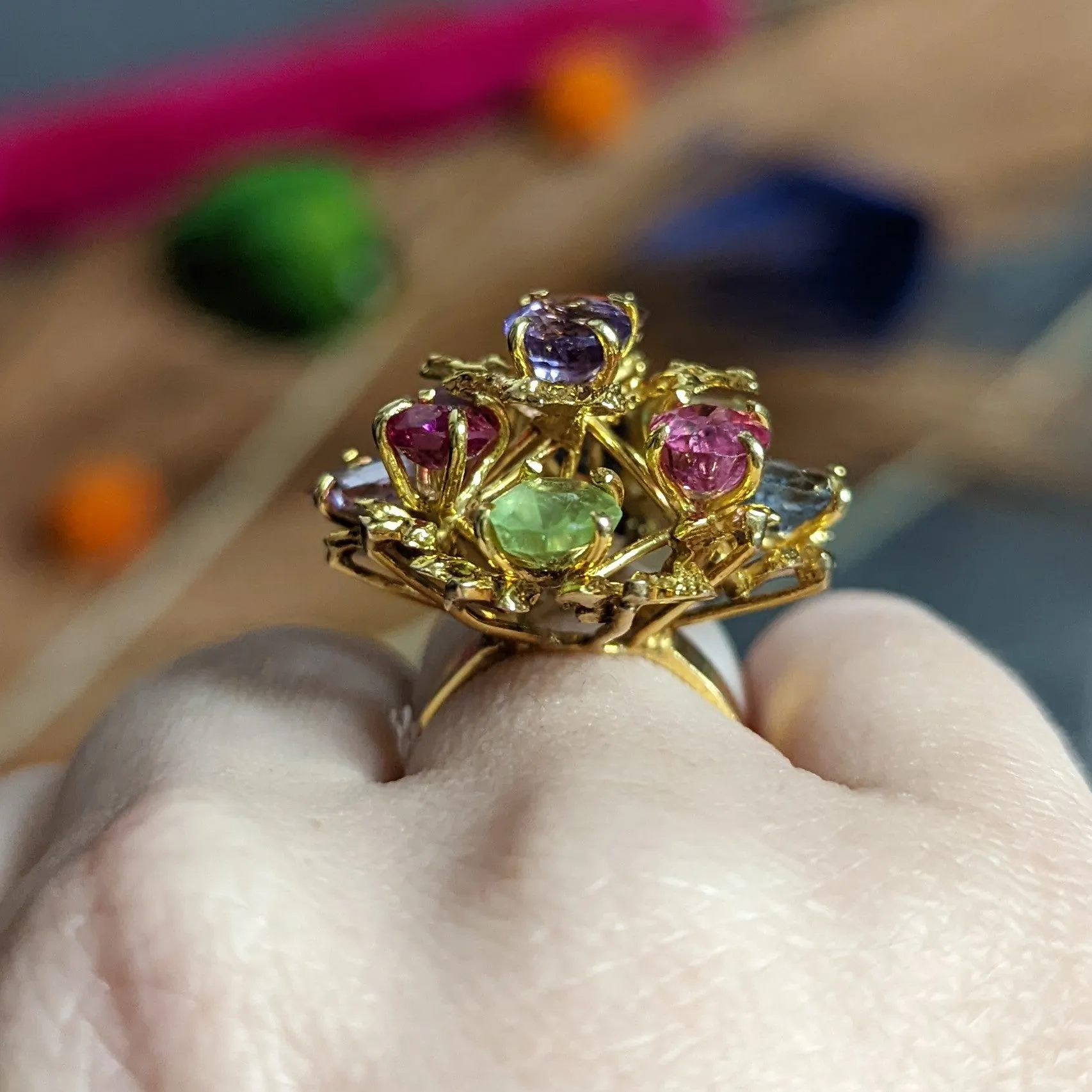 1970's Multi-Gem Spinel Peridot 14 Karat Gold Branching Cluster Ring