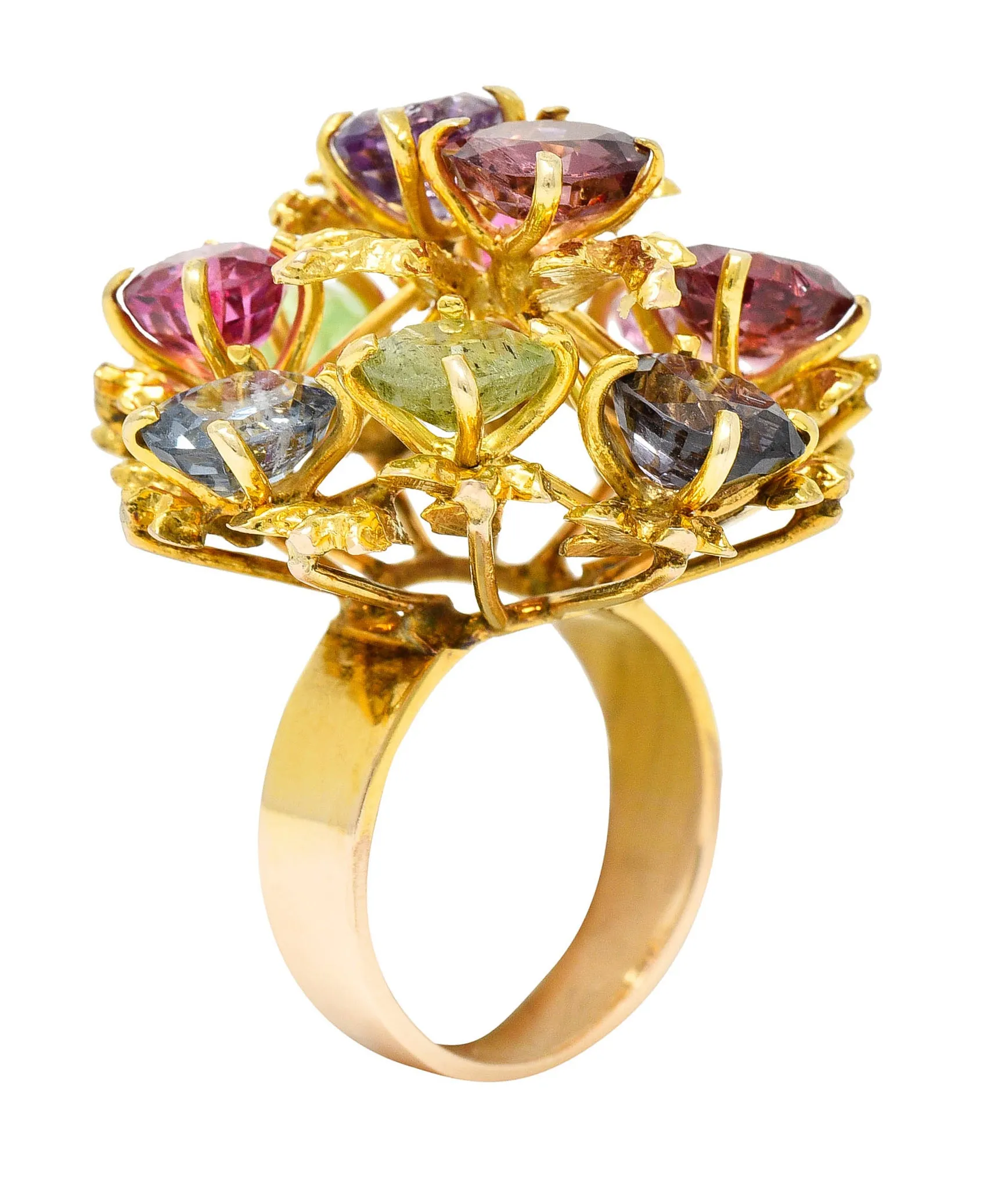 1970's Multi-Gem Spinel Peridot 14 Karat Gold Branching Cluster Ring