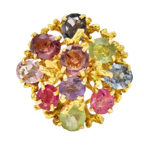 1970's Multi-Gem Spinel Peridot 14 Karat Gold Branching Cluster Ring