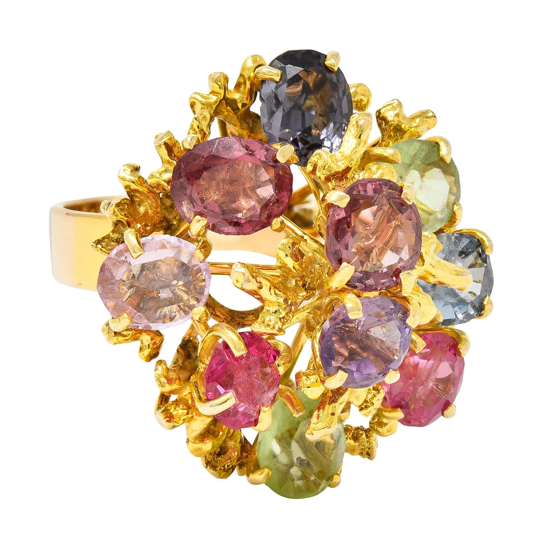 1970's Multi-Gem Spinel Peridot 14 Karat Gold Branching Cluster Ring