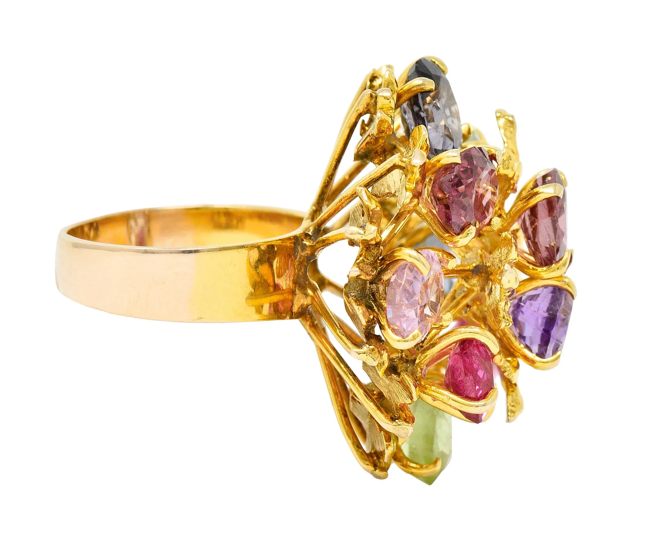 1970's Multi-Gem Spinel Peridot 14 Karat Gold Branching Cluster Ring