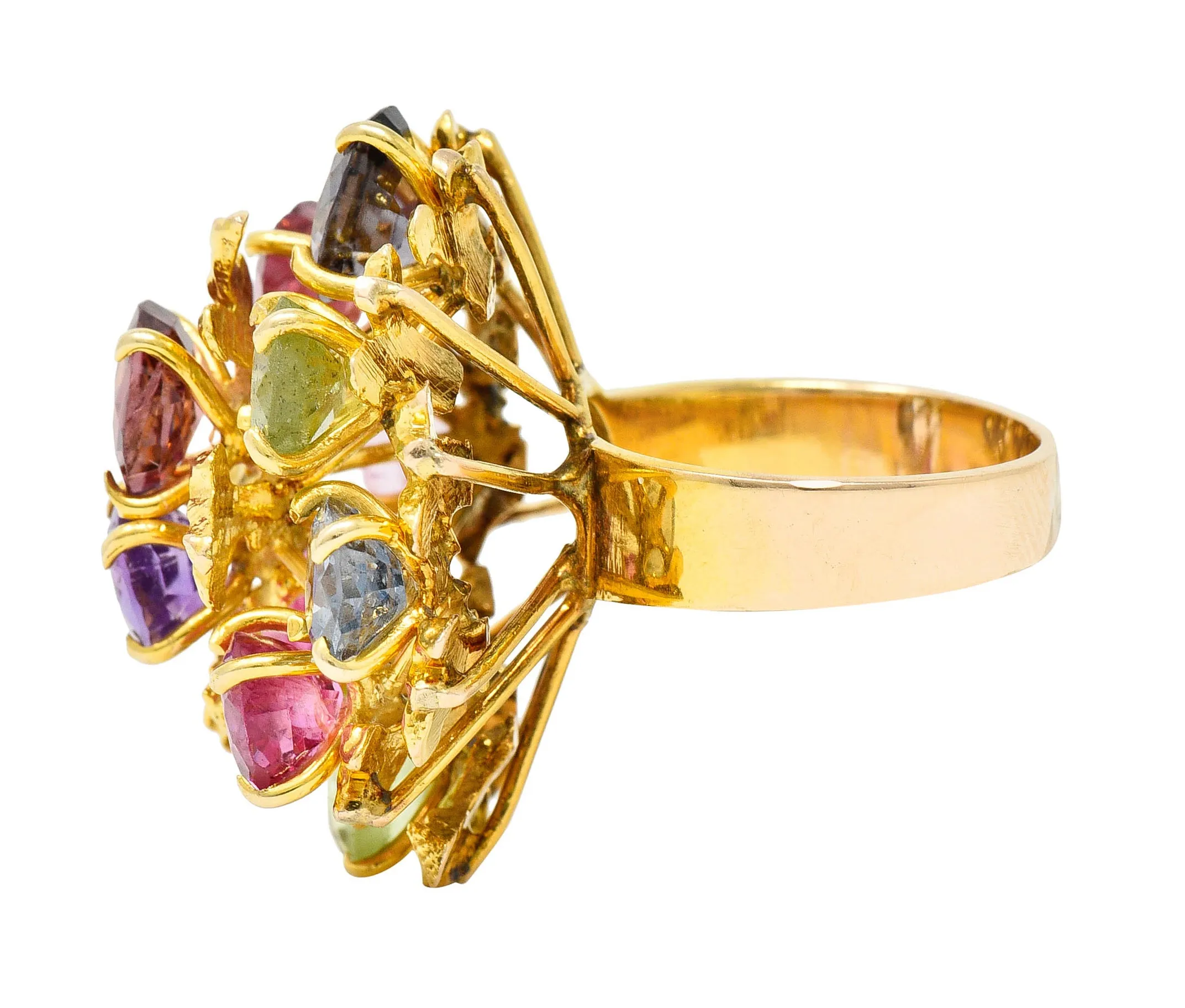 1970's Multi-Gem Spinel Peridot 14 Karat Gold Branching Cluster Ring