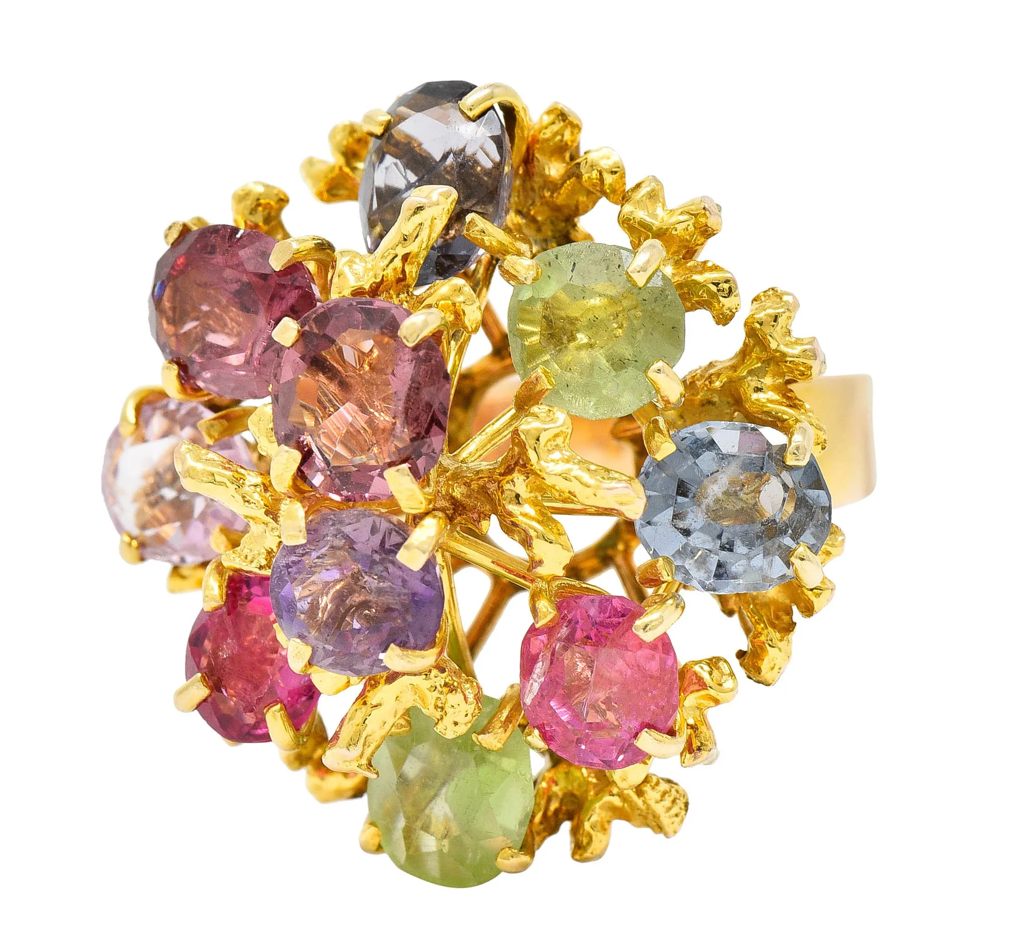 1970's Multi-Gem Spinel Peridot 14 Karat Gold Branching Cluster Ring