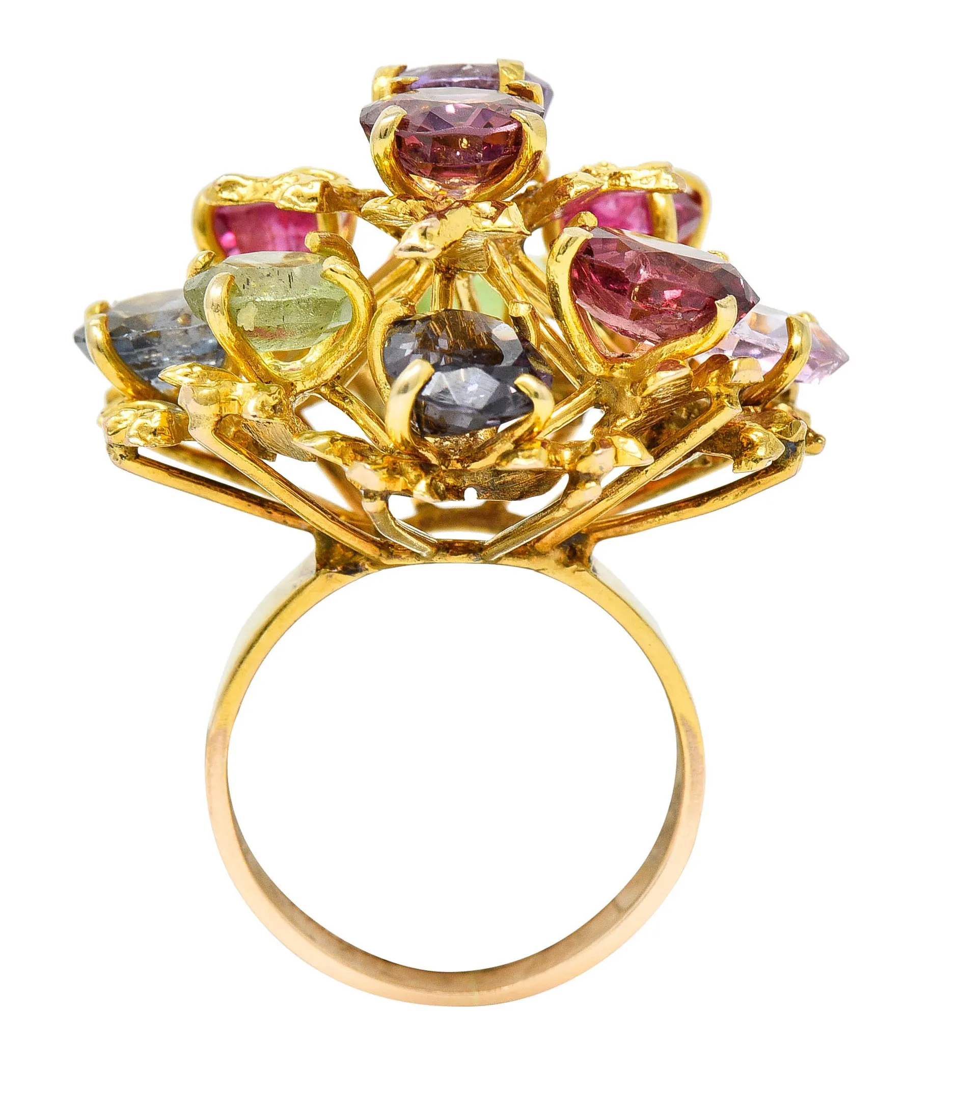 1970's Multi-Gem Spinel Peridot 14 Karat Gold Branching Cluster Ring