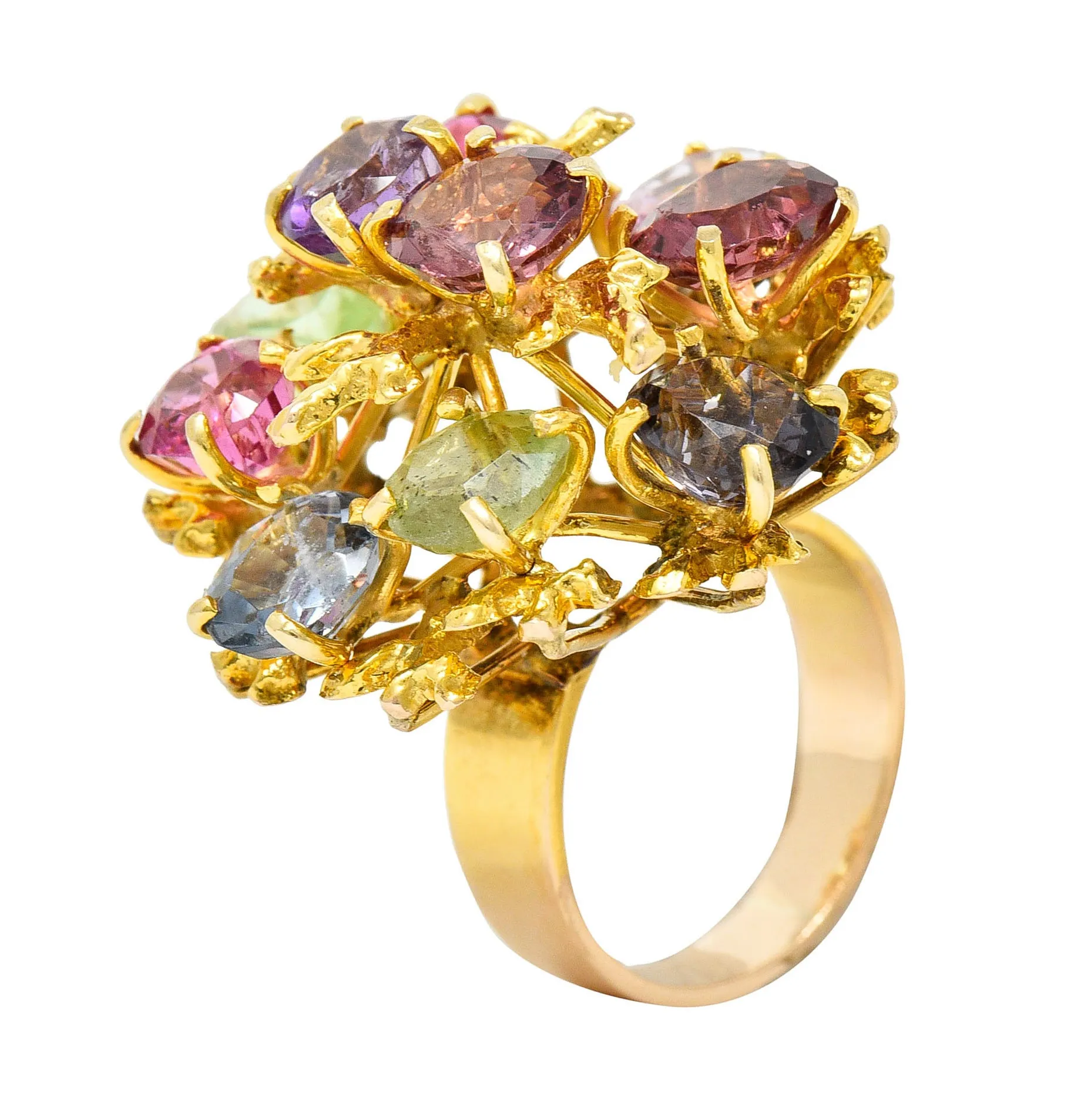 1970's Multi-Gem Spinel Peridot 14 Karat Gold Branching Cluster Ring