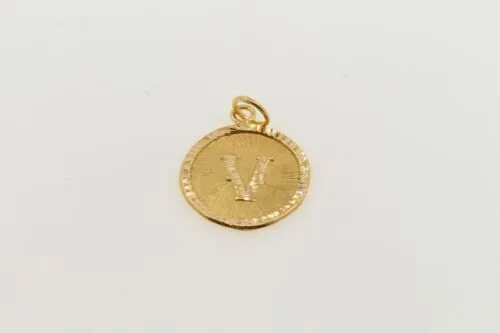 22k 22ct Solid Gold Charm Letter V Pendant Round Design p1090 ns